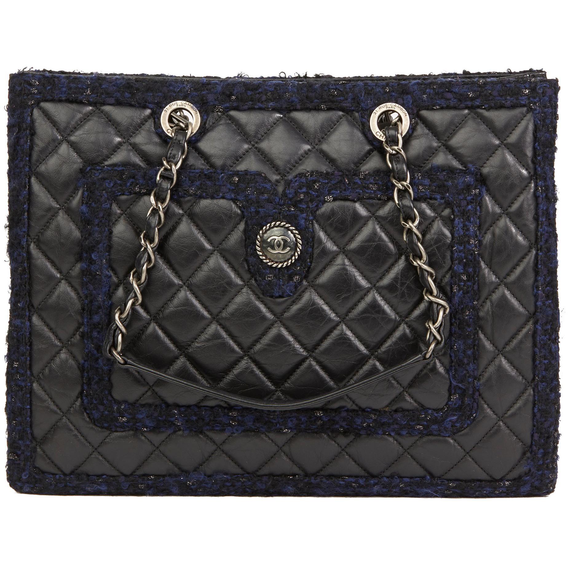 2015 Chanel Black Quilted Aged Quilted Calfskin 
Navy Tweed Grand Shopping Tote