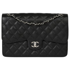 2015 Chanel Black Quilted Caviar Leather Vintage Jumbo Classic Double Flap Bag