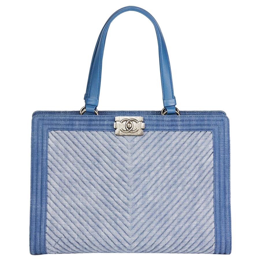 2015 Chanel Blue Chevron Quilted Denim Le Boy Tote