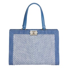 Used 2015 Chanel Blue Chevron Quilted Denim Le Boy Tote 