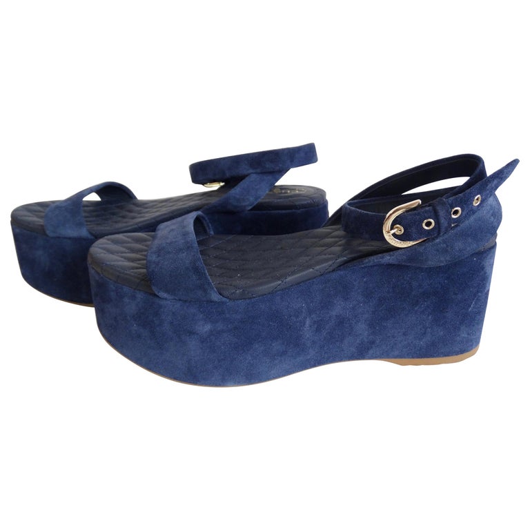 Chanel 2015 Blue Suede Platform Sandals at 1stDibs | chanel blue suede ...