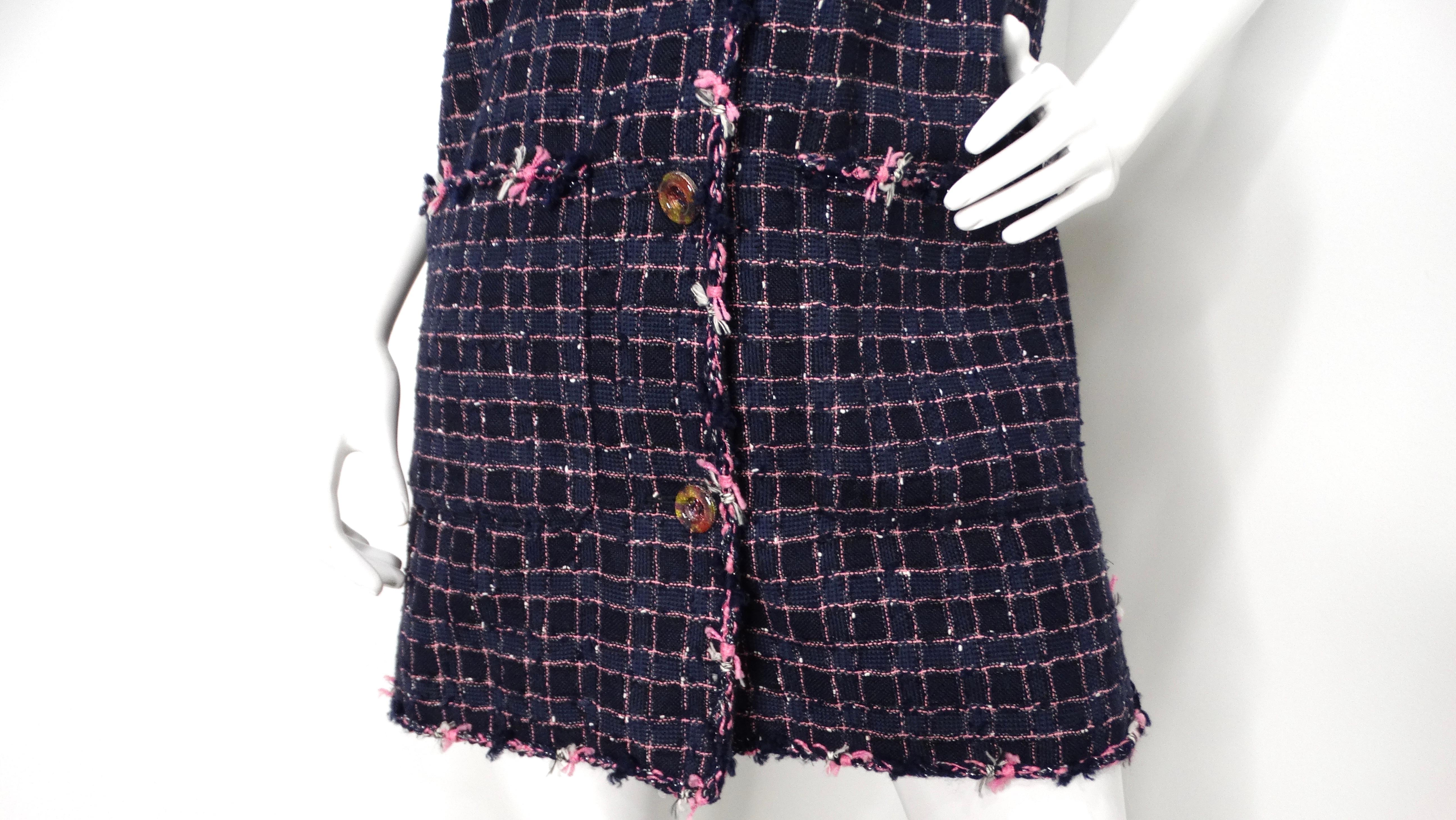 Black 2015 Chanel Fantasy Blue & Pink Tweed Button-Up Mini Dress For Sale