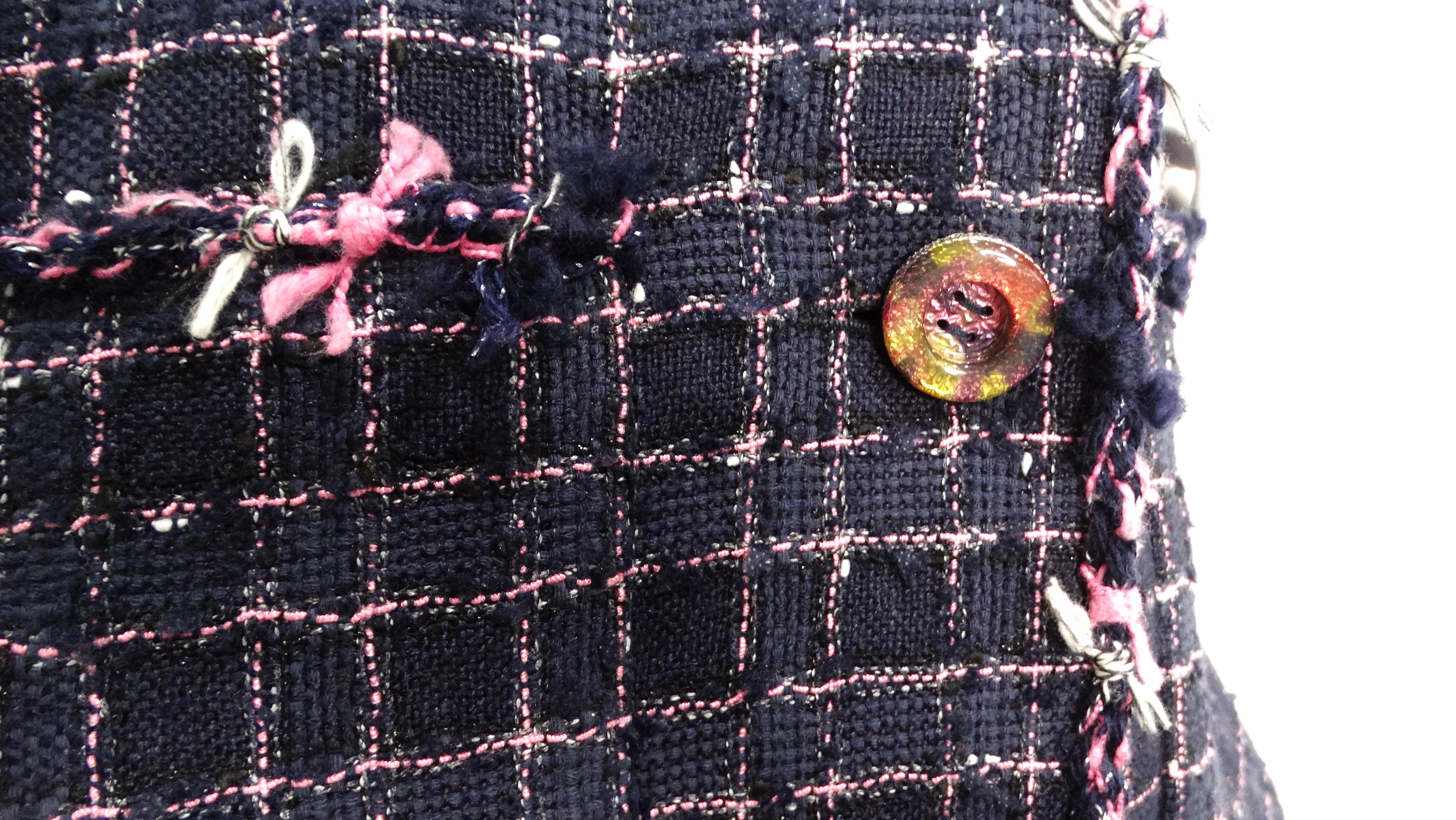 2015 Chanel Fantasy Blue & Pink Tweed Button-Up Mini Dress In Good Condition For Sale In Scottsdale, AZ