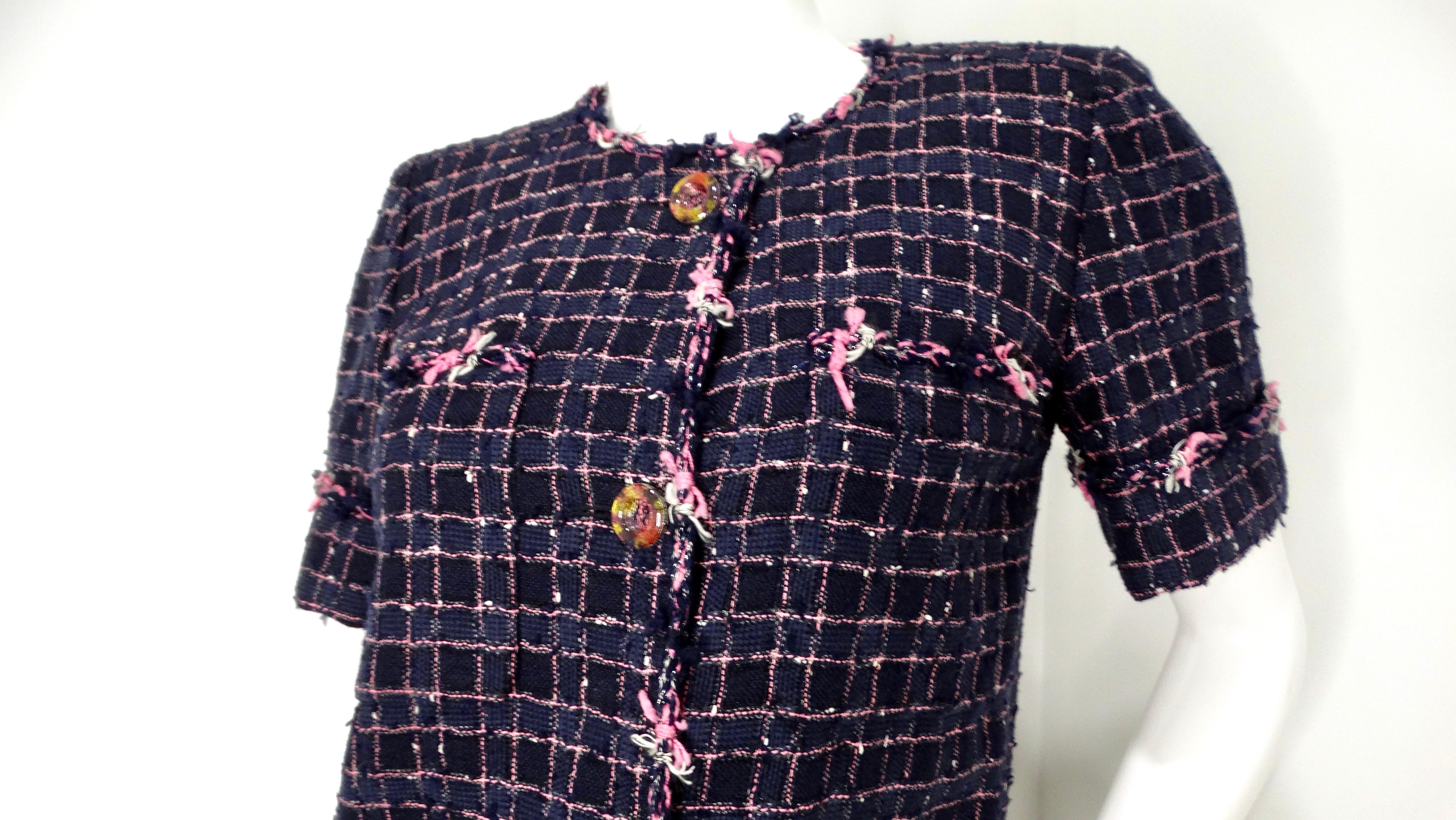 Women's 2015 Chanel Fantasy Blue & Pink Tweed Button-Up Mini Dress For Sale