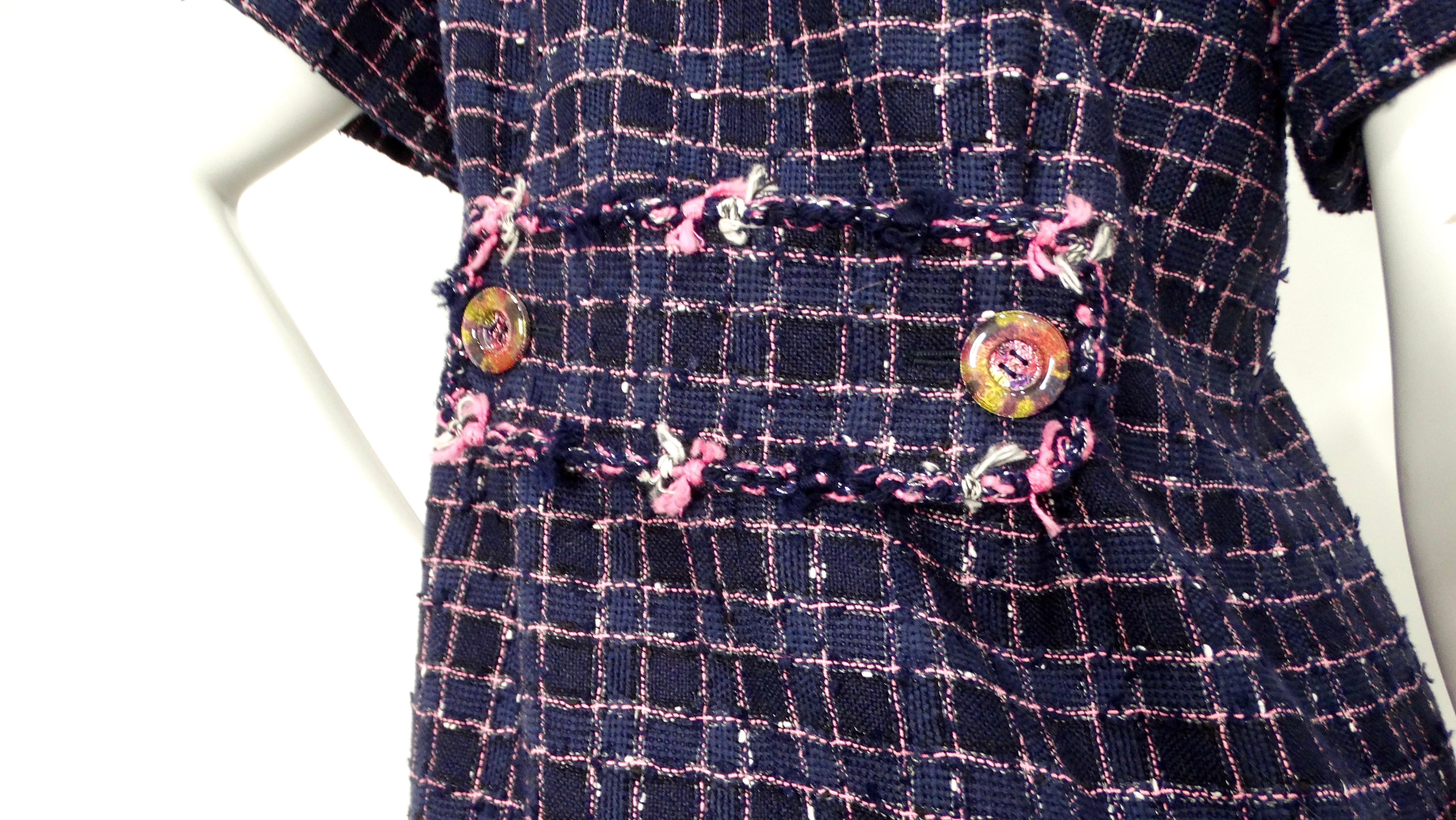 2015 Chanel Fantasy Blue & Pink Tweed Button-Up Mini Dress For Sale 3