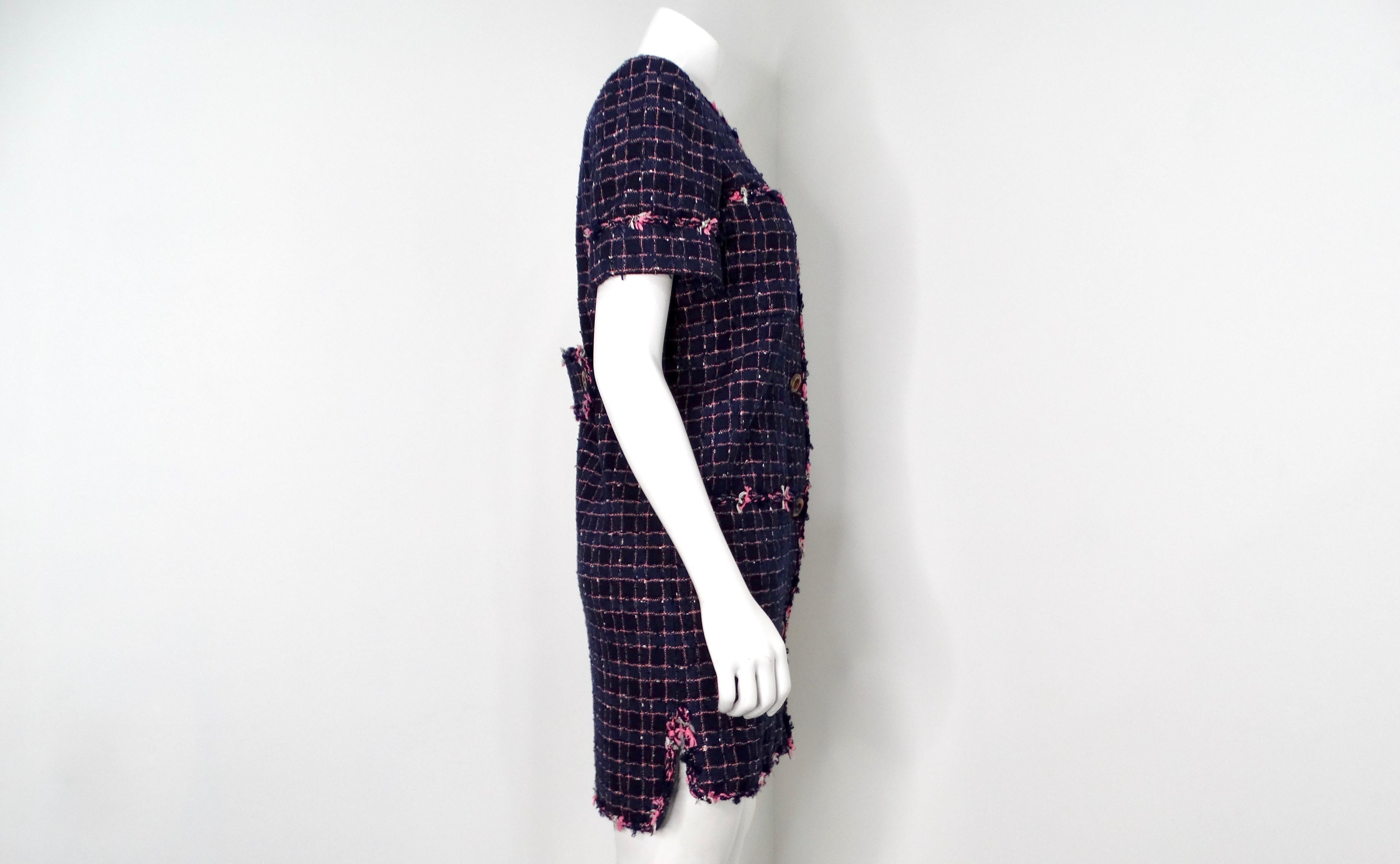 2015 Chanel Fantasy Blue & Pink Tweed Button-Up Mini Dress For Sale 4