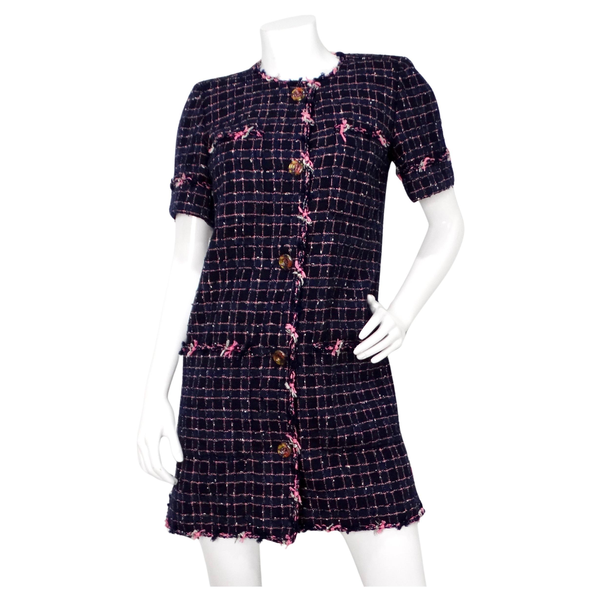 2015 Chanel Fantasy Blue & Pink Tweed Button-Up Mini Dress For Sale