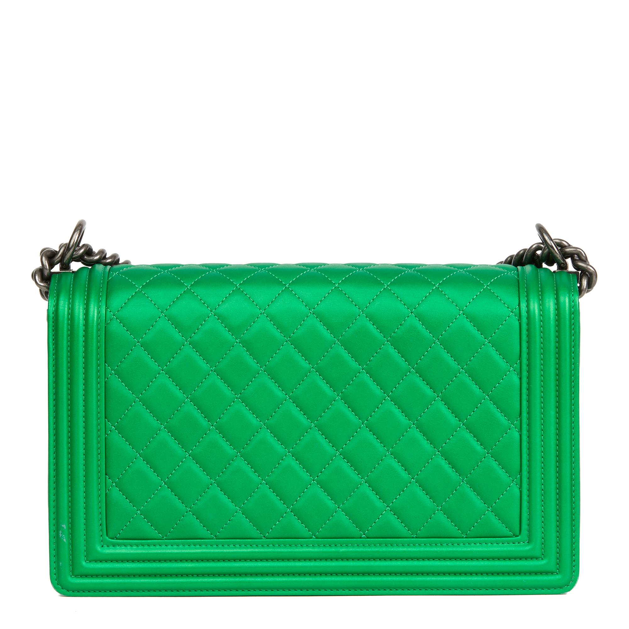 Women's 2015 Chanel Green Quilted Metallic Lambskin Leather New Medium Le Boy
