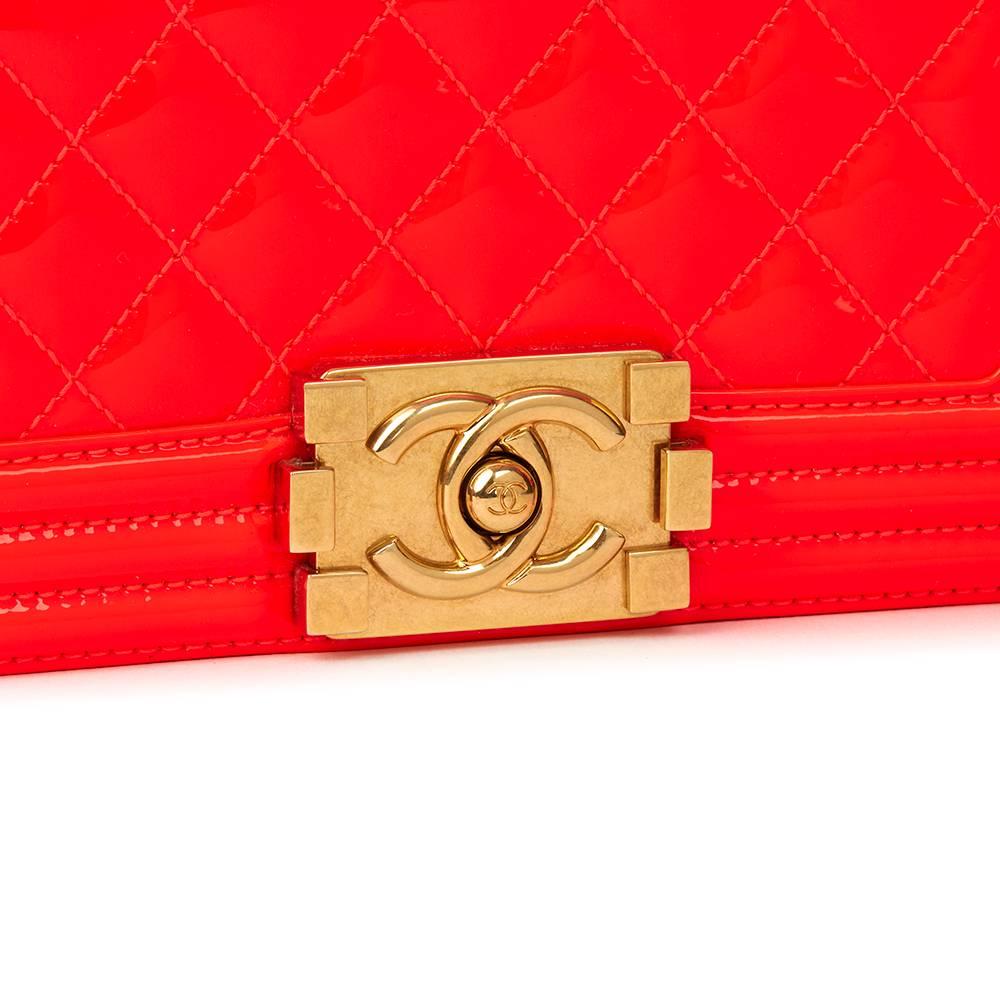 2015 Chanel Neon Red Quilted Patent Leather Small Le Boy In Excellent Condition In Bishop's Stortford, Hertfordshire