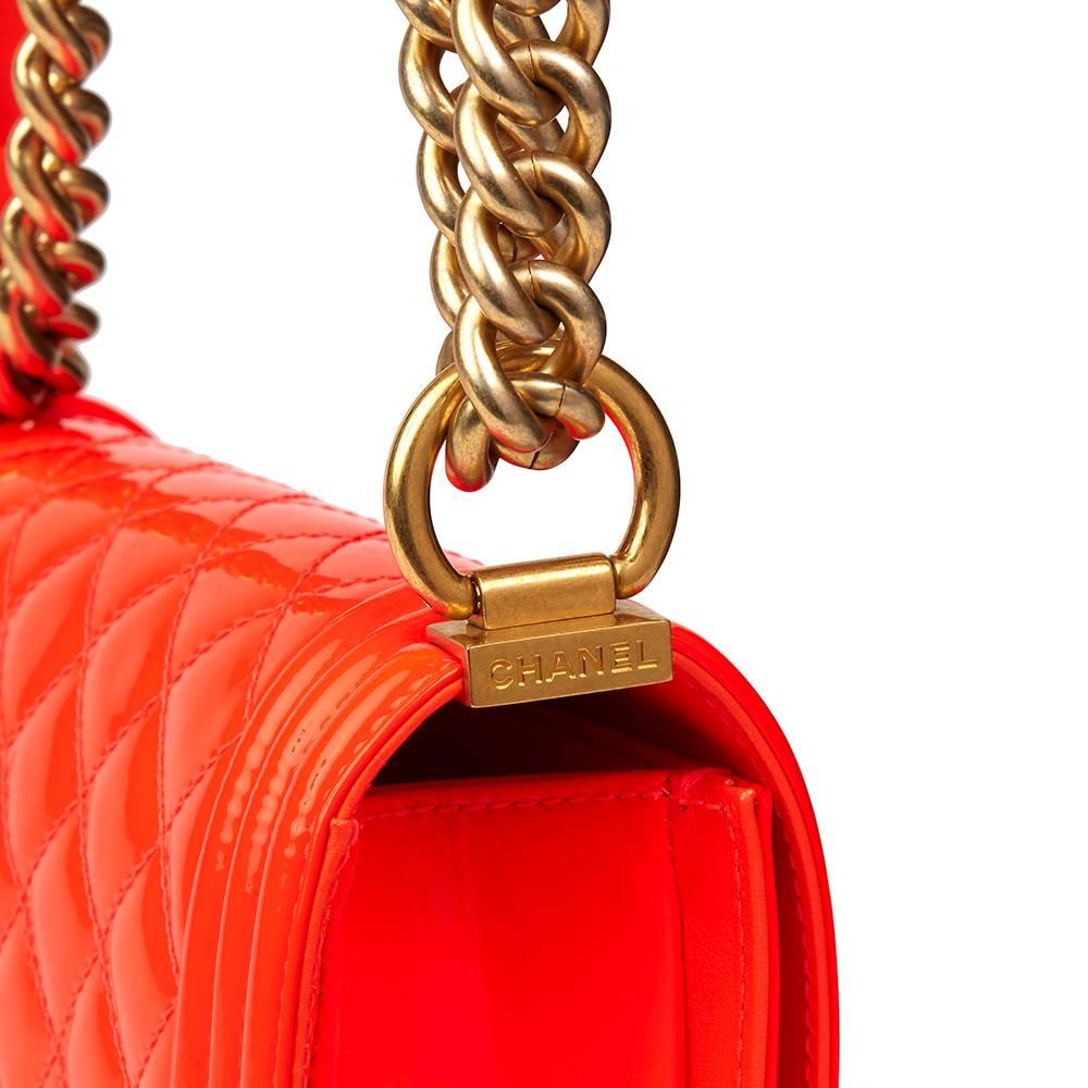 Women's 2015 Chanel Neon Red Quilted Patent Leather Small Le Boy