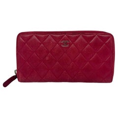 2015 Chanel Red Lambskin Quilted Zip Wallet