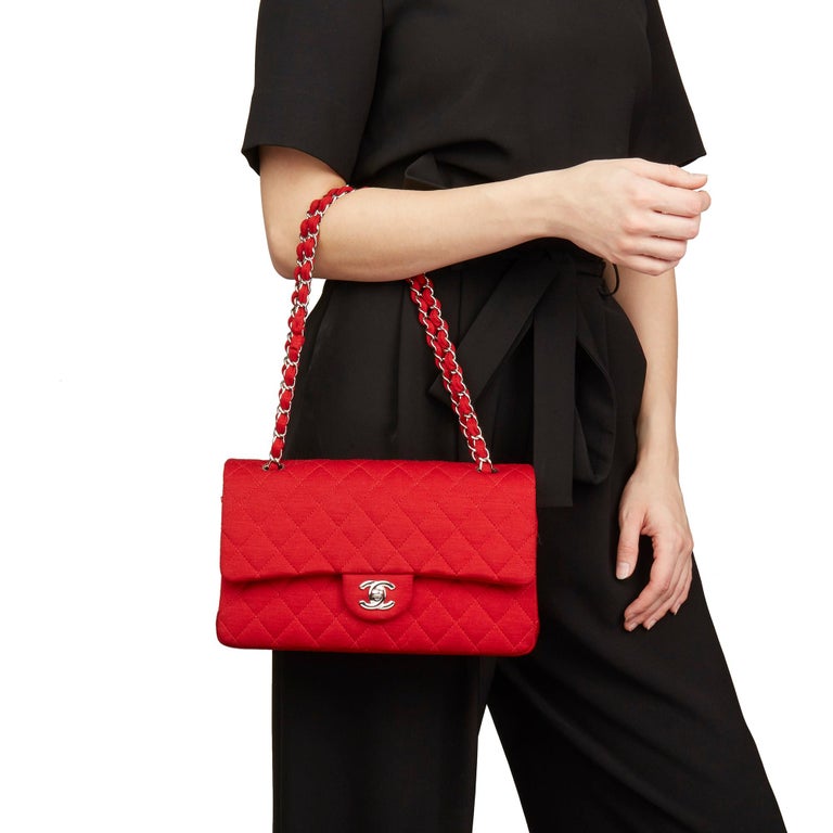 2015 Chanel Red Quilted Jersey Fabric Medium Classic Double Flap Bag at