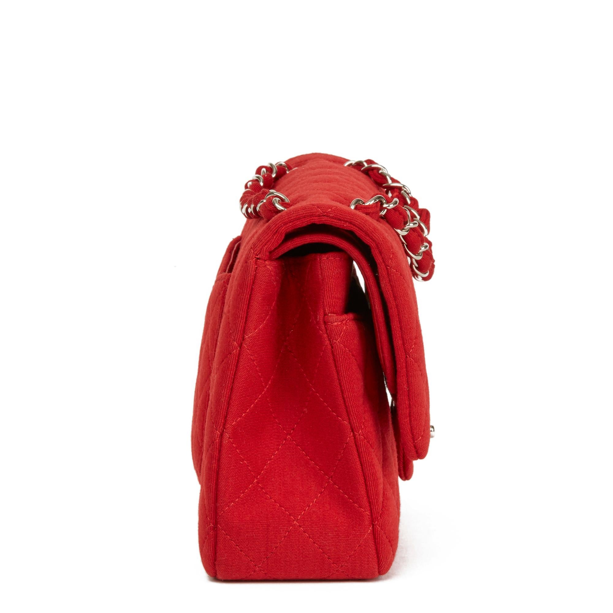 2015 Chanel Red Quilted Jersey Fabric Medium Classic Double Flap Bag In Excellent Condition In Bishop's Stortford, Hertfordshire
