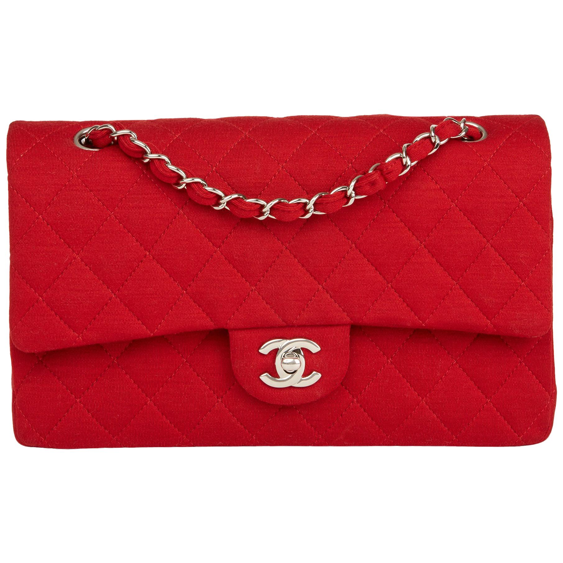 2015 Chanel Red Quilted Jersey Fabric Medium Classic Double Flap Bag