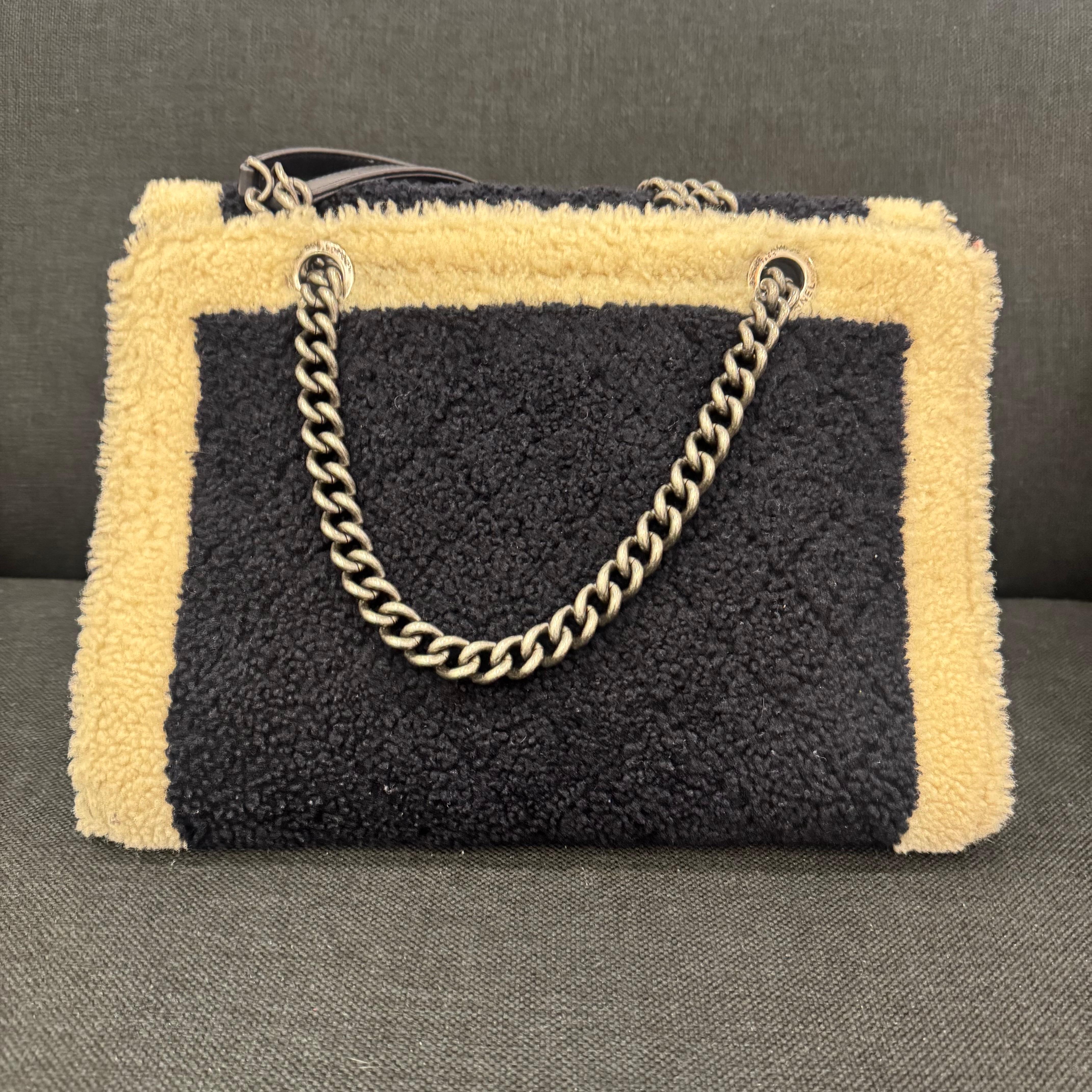 Black 2015 Chanel Shearling Bicolor Boy Shopping Tote For Sale