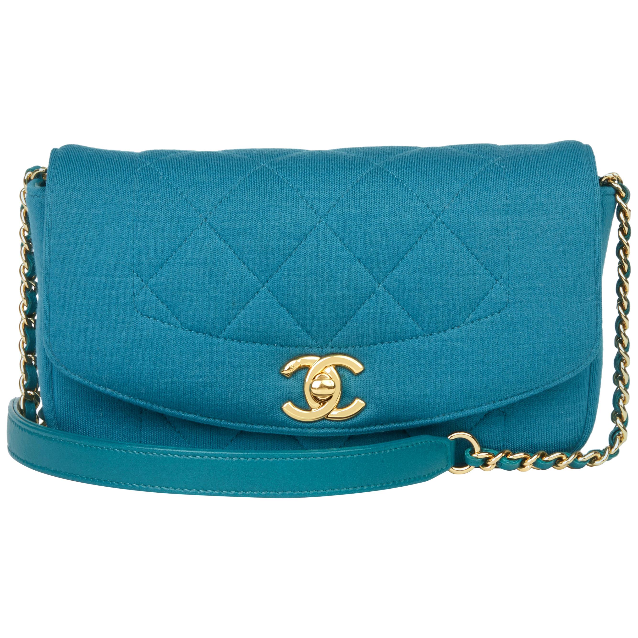 2015 Chanel Teal Quilted Jersey Mini Reissue Diana Classic Single