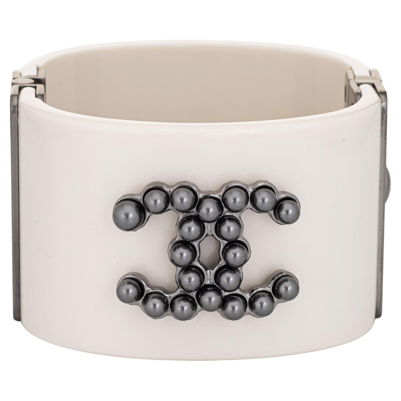 2015 Chanel White Resin Cuff Bracelet Faux Grey Pearl CC Logo    