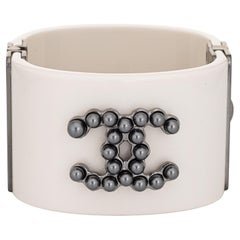 2015 Chanel White Resin Cuff Bracelet Faux Grey Pearl CC Logo