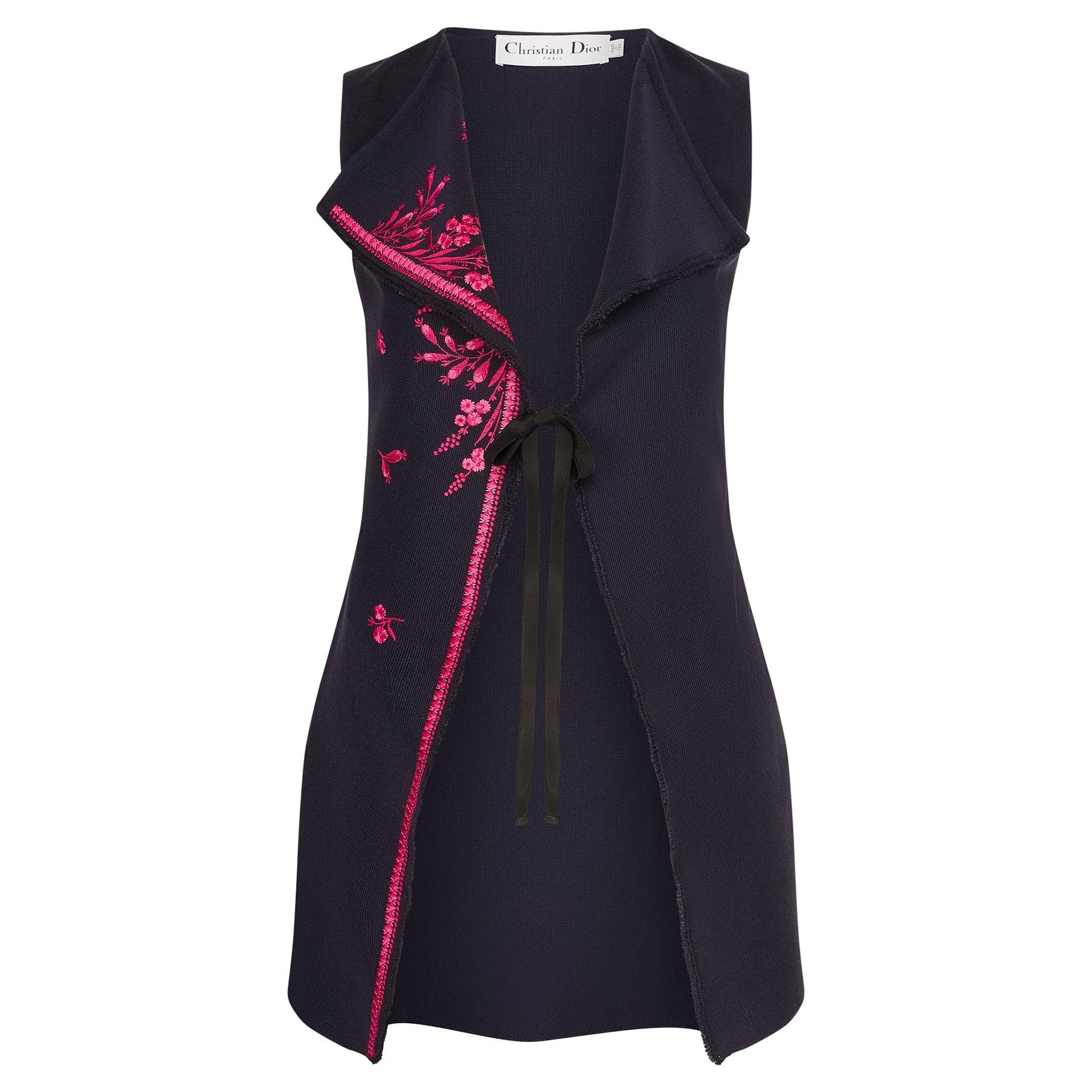 2015 Christian Dior Gilet Swing Navy con ricamo fucsia in vendita