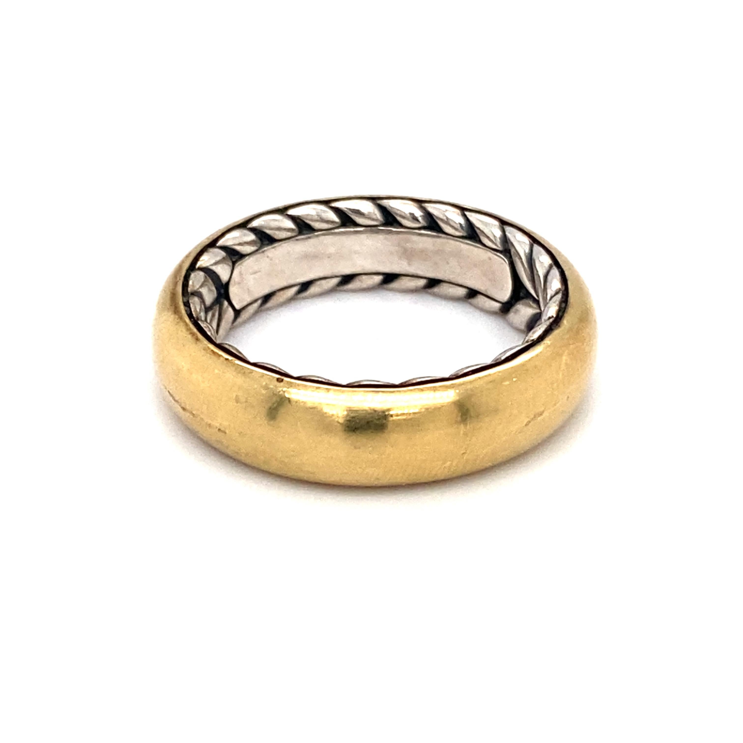 David Yurman 18 Karat Yellow Gold and Sterling Silver Wedding Band

Item Details:
Size: 9
Width: 6.5 millimeters
Metal Type: 18 Karat Yellow Gold, Sterling Silver
Weight: 11.6 grams
Hallmark: D. YURMAN 925 750 & DY 750

Item Features:
This David