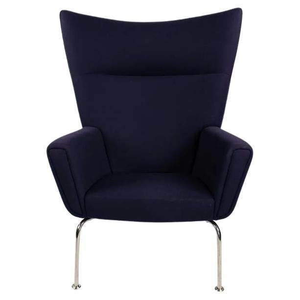2015 Hans Wegner for Carl Hansen & Son Wing Lounge Chair Model CH445 Blue Fabric For Sale