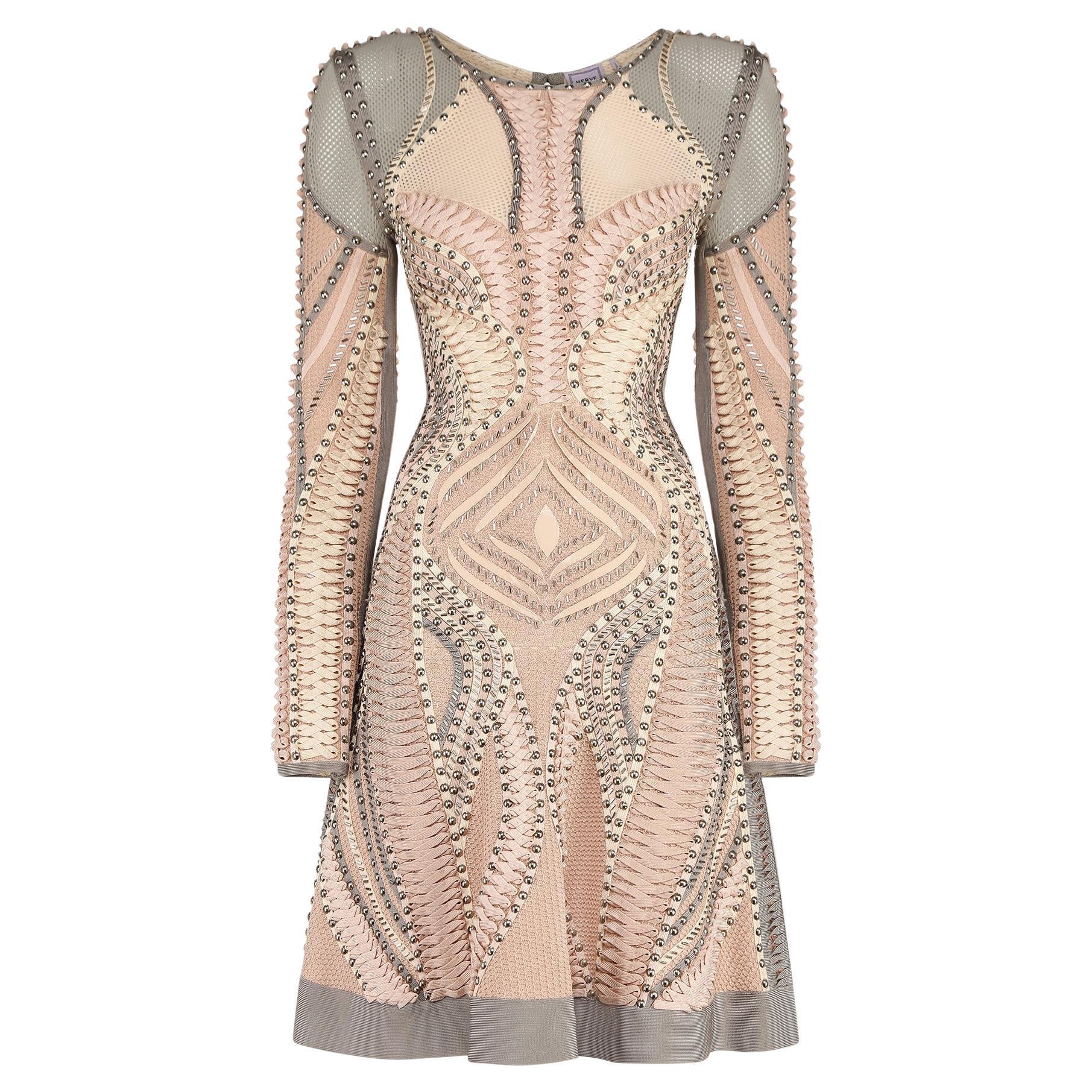2015 Pasarela Hervé Léger Vestido de tirantes rosa y gris con detalle de tachuelas en venta