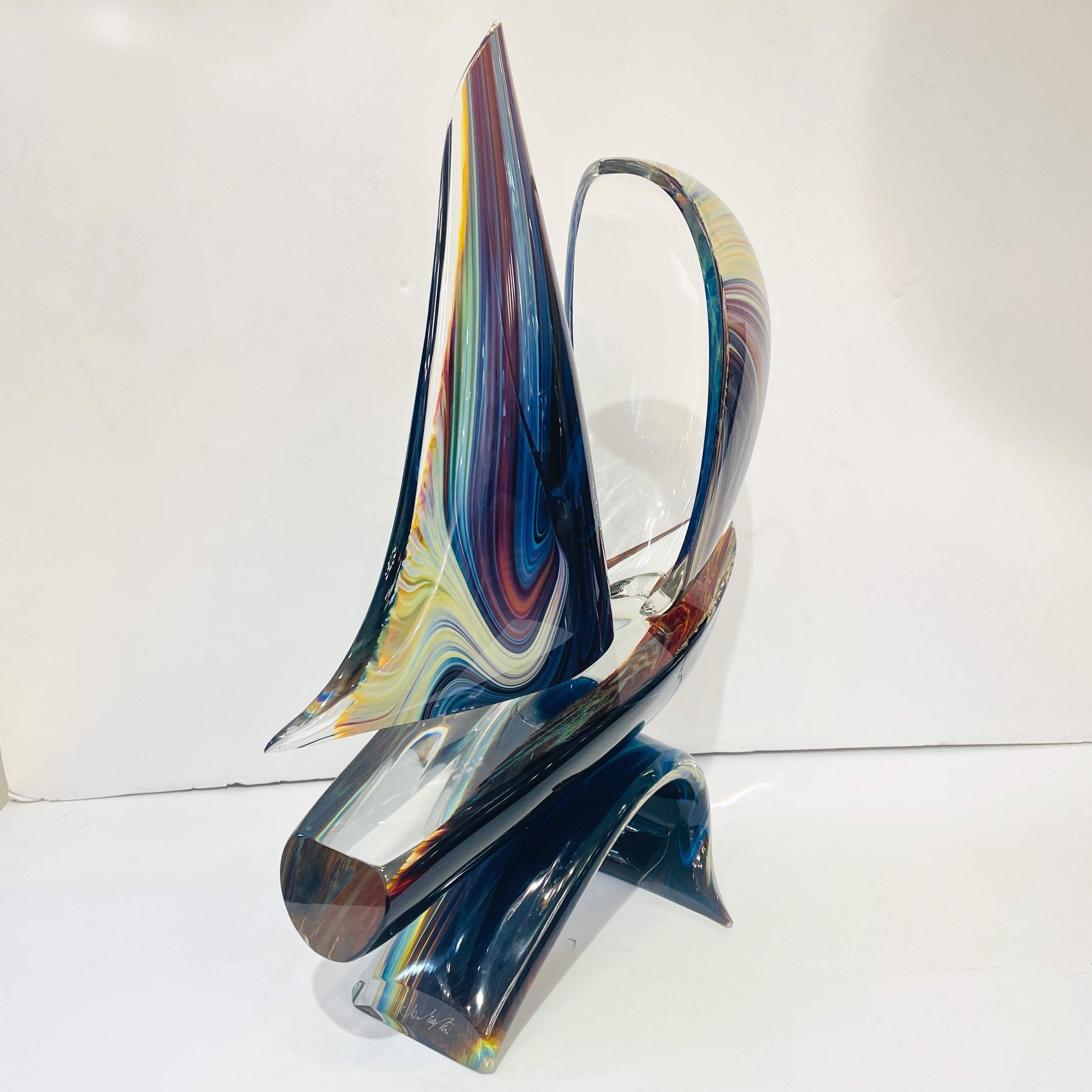 2015 Italian Yellow Blue Brown Crystal Murano Glass Boat Modernist Art Sculpture 3