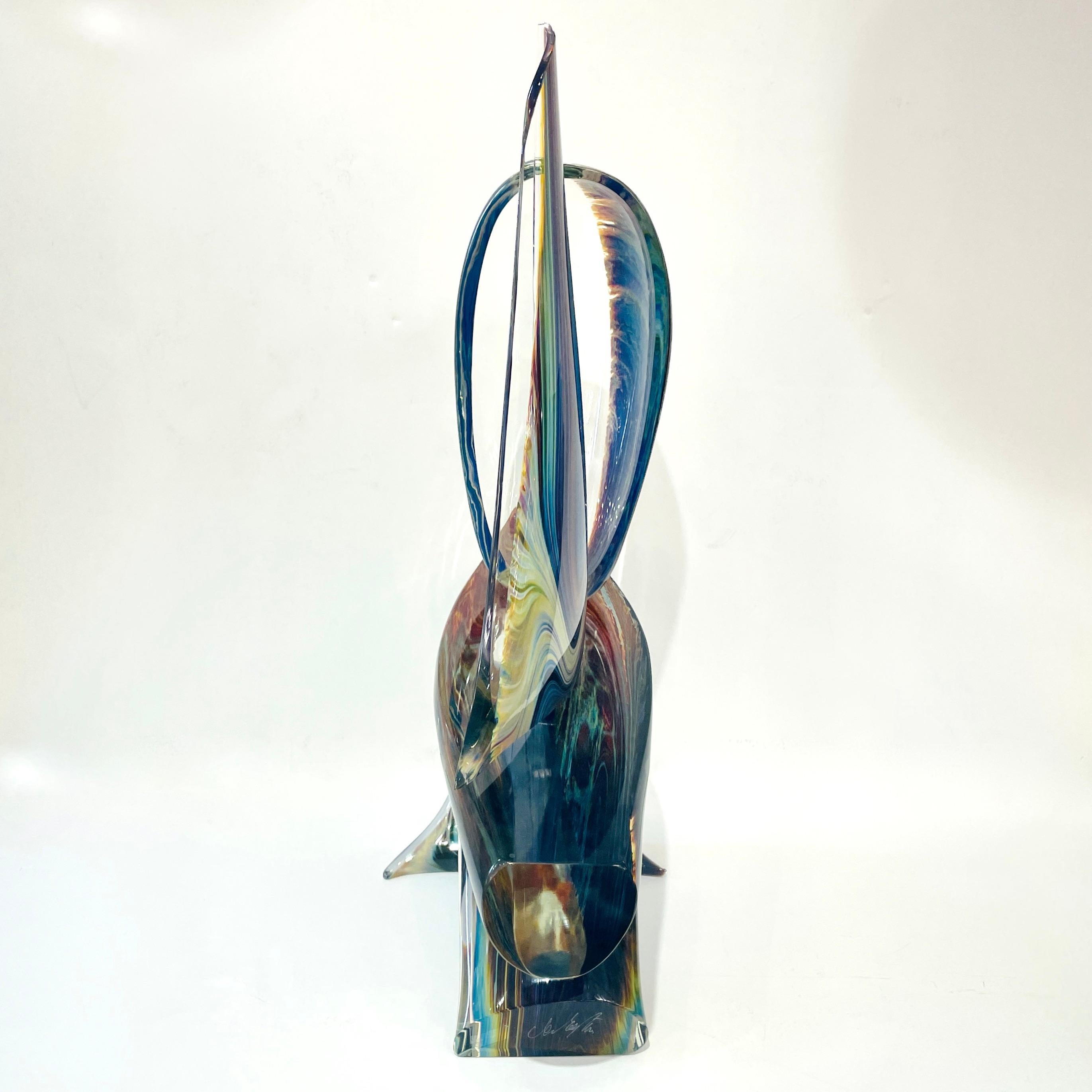 2015 Italian Yellow Blue Brown Crystal Murano Glass Boat Modernist Art Sculpture For Sale 2