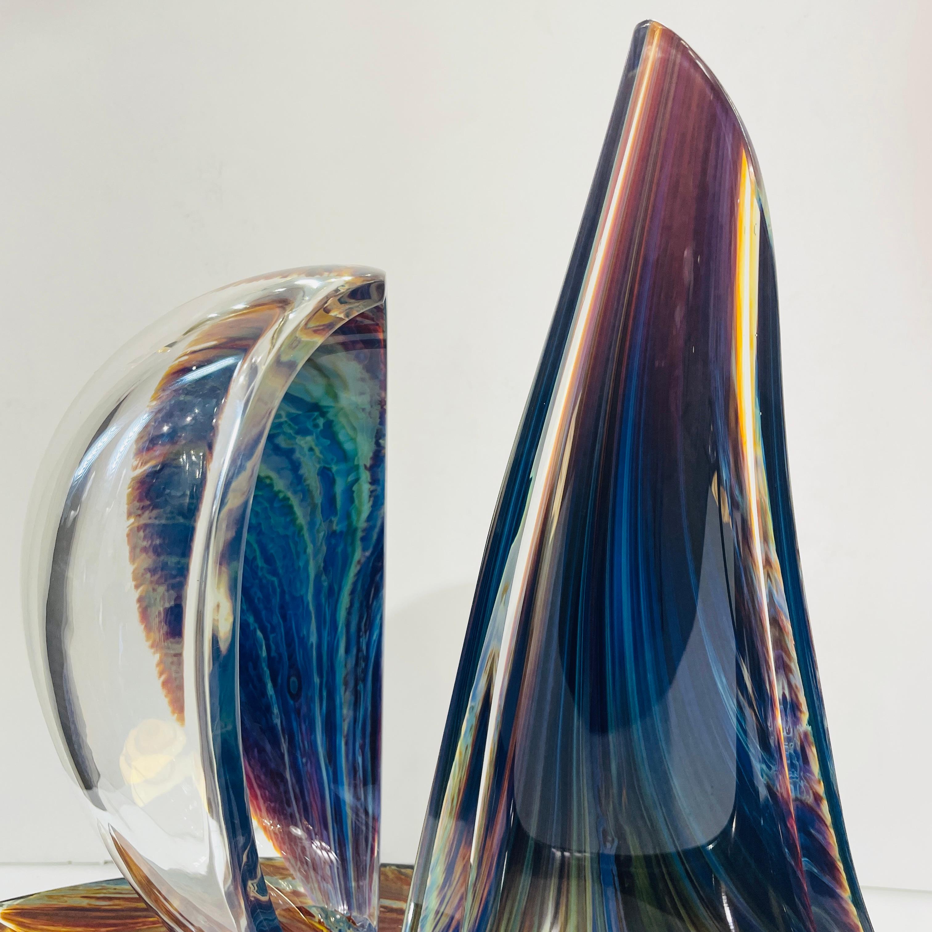 2015 Italian Yellow Blue Brown Crystal Murano Glass Boat Modernist Art Sculpture 5