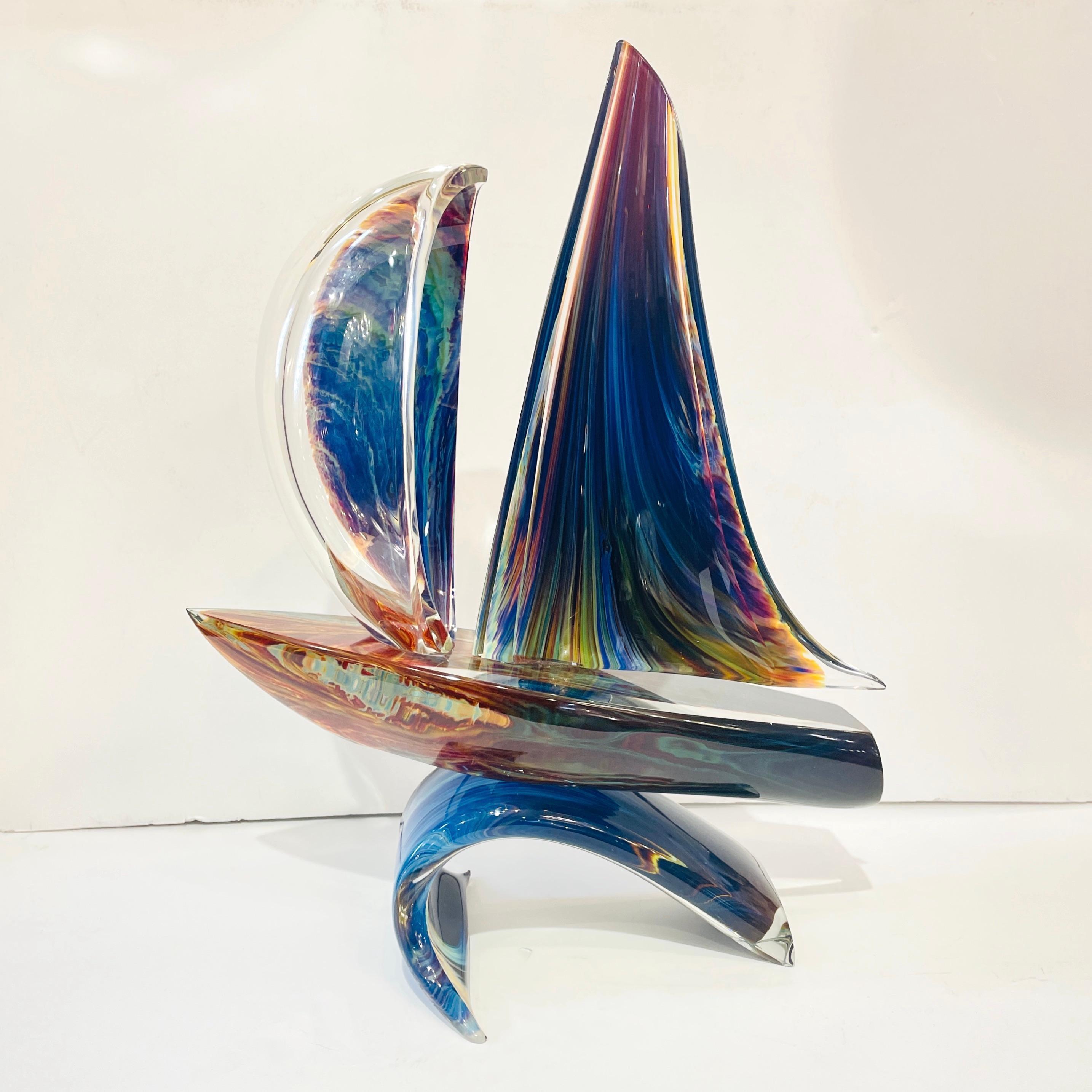 2015 Italian Yellow Blue Brown Crystal Murano Glass Boat Modernist Art Sculpture For Sale 8