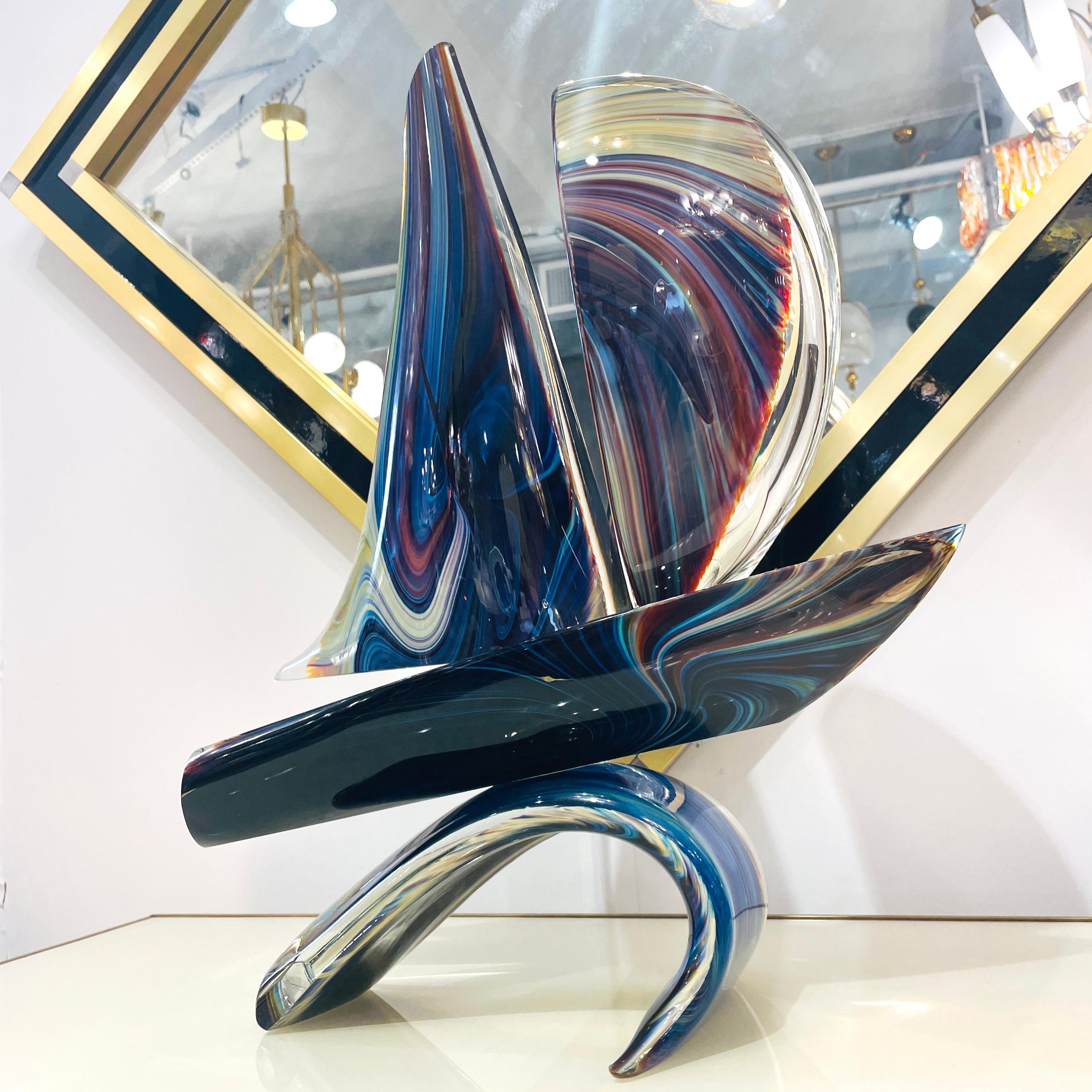 2015 Italian Yellow Blue Brown Crystal Murano Glass Boat Modernist Art Sculpture 12