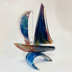 2015 Escultura de Arte Modernista Italiana de Barco de Cristal de Murano Amarillo Azul Marrón