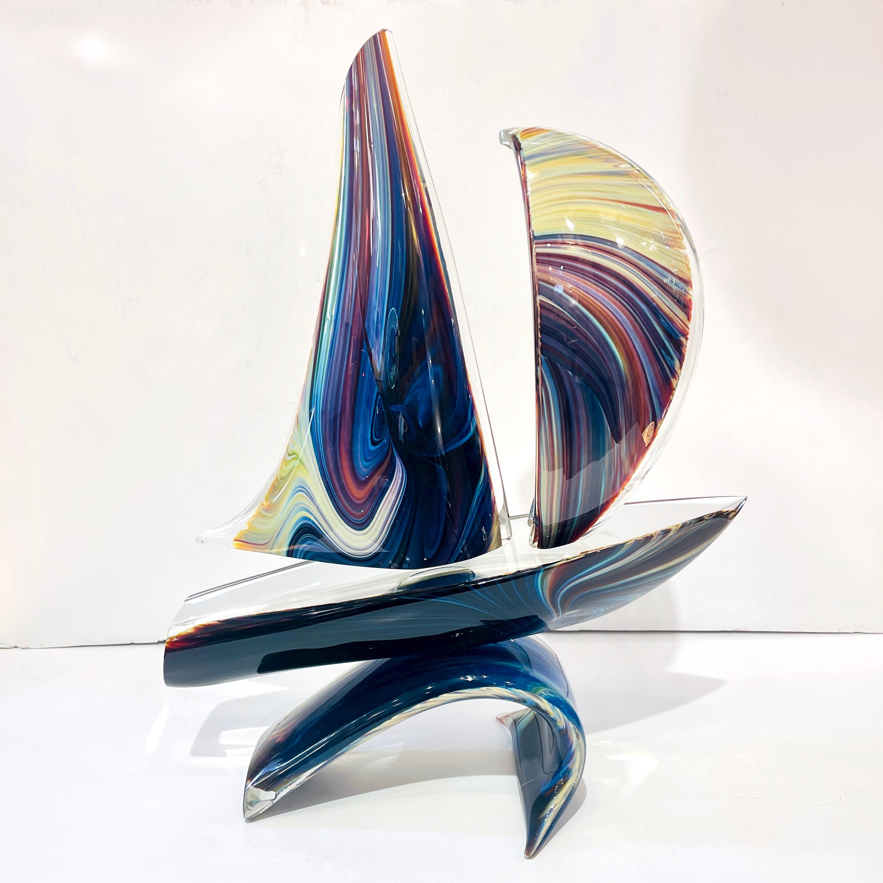 Organic Modern 2015 Italian Yellow Blue Brown Crystal Murano Glass Boat Modernist Art Sculpture