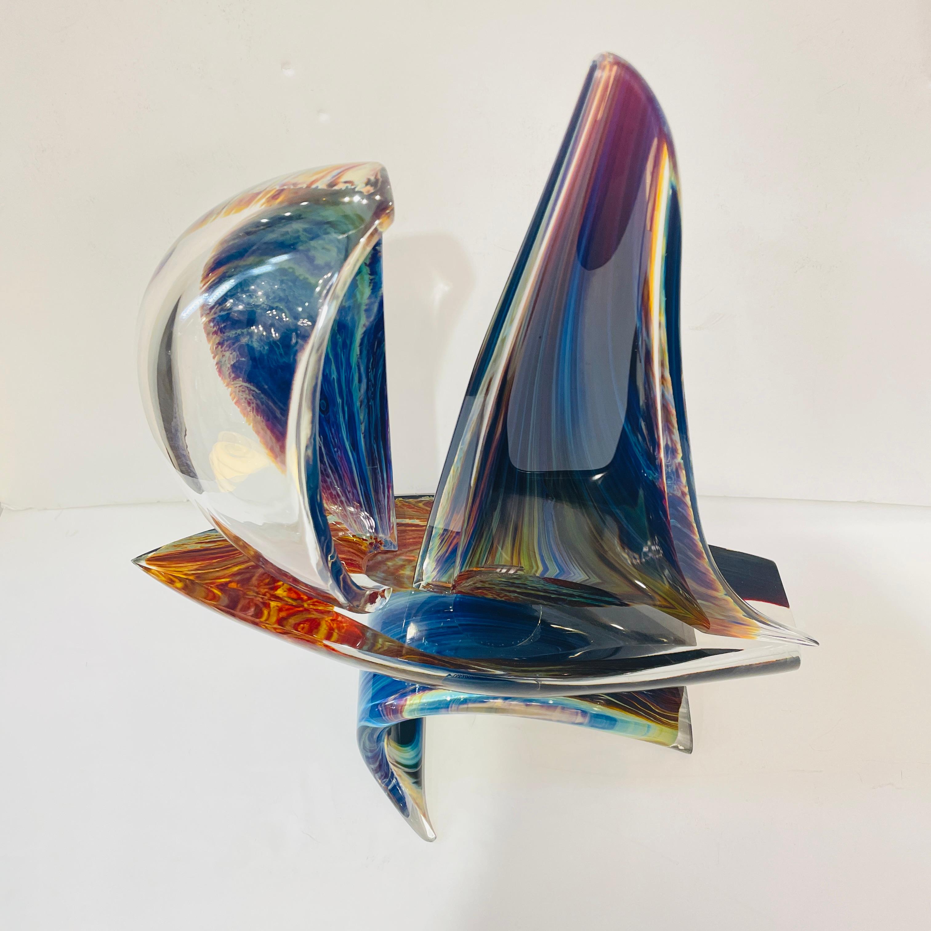 Hand-Crafted 2015 Italian Yellow Blue Brown Crystal Murano Glass Boat Modernist Art Sculpture For Sale