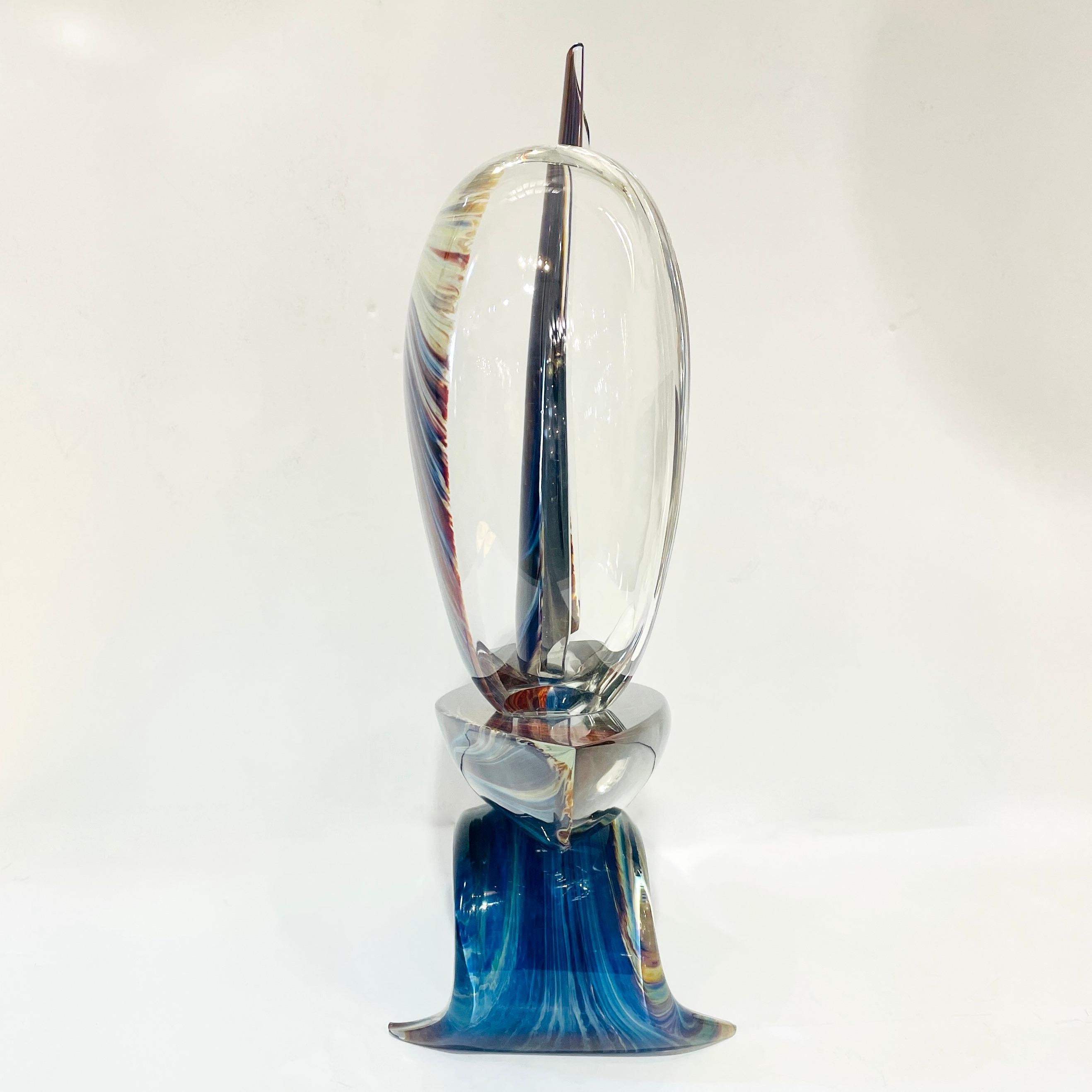 Hand-Crafted 2015 Italian Yellow Blue Brown Crystal Murano Glass Boat Modernist Art Sculpture For Sale