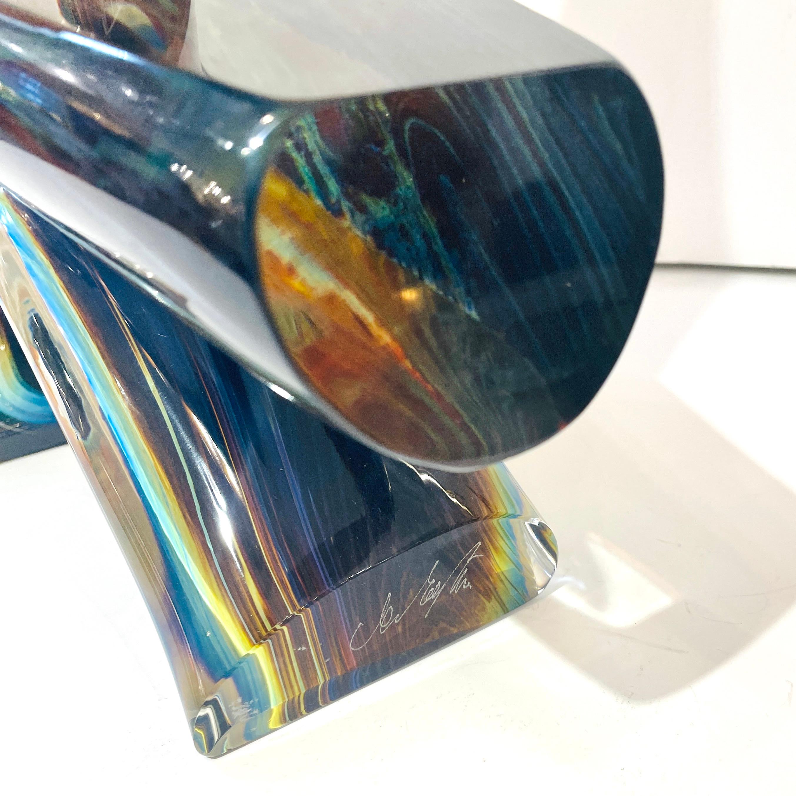 Art Glass 2015 Italian Yellow Blue Brown Crystal Murano Glass Boat Modernist Art Sculpture For Sale