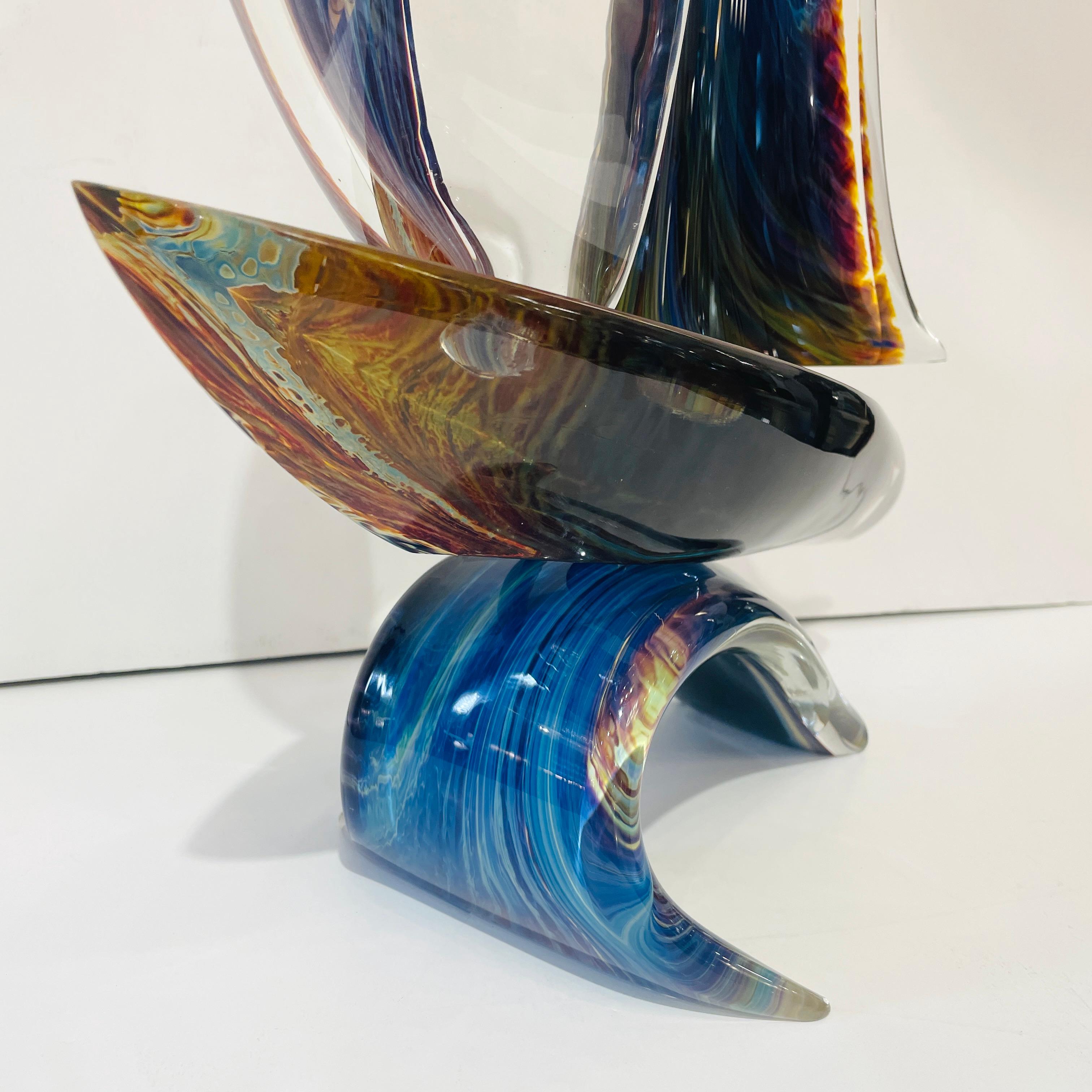 Contemporary 2015 Italian Yellow Blue Brown Crystal Murano Glass Boat Modernist Art Sculpture For Sale