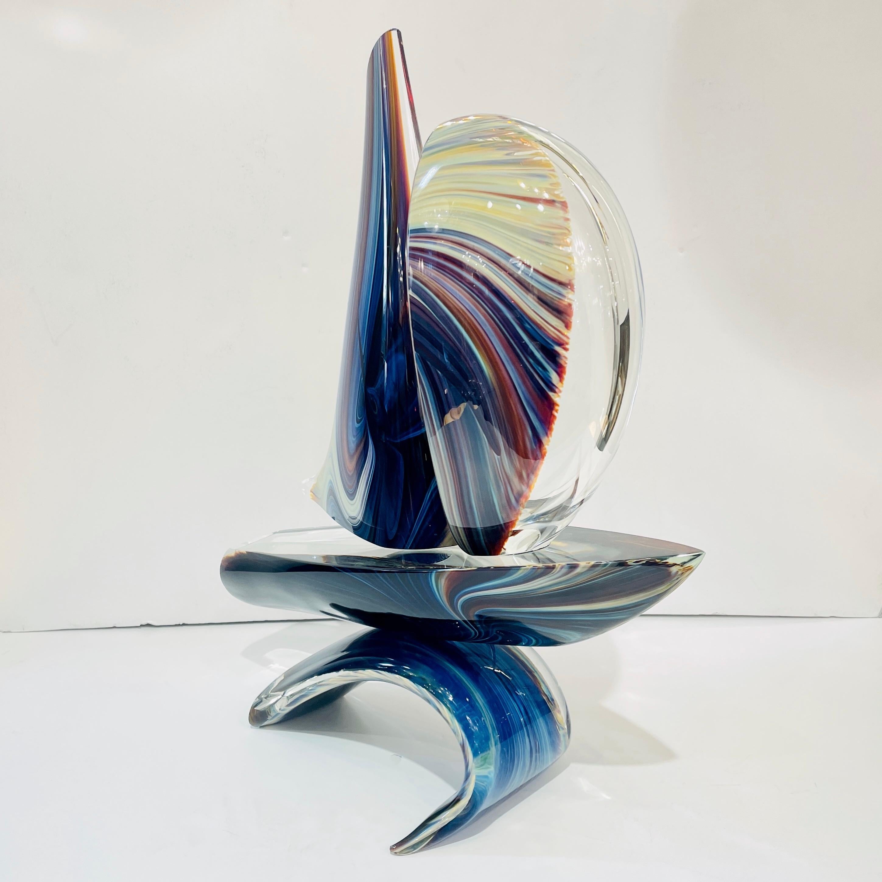 Art Glass 2015 Italian Yellow Blue Brown Crystal Murano Glass Boat Modernist Art Sculpture For Sale