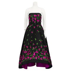 2015 Oscar de la Renta Black Ball Gown with Pink Beaded Flowers 