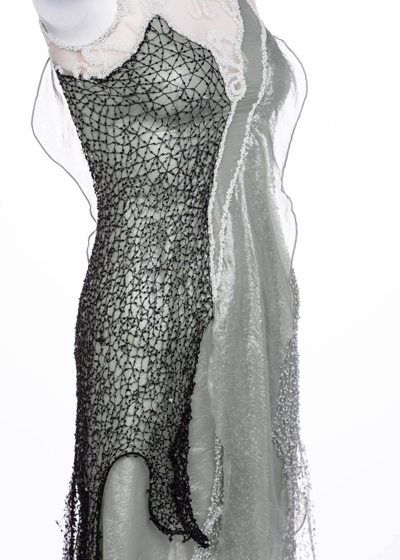 Gray Rodarte Runway Beaded Metal Net SeaFoam Lame Swarovski Crystals Dress, 2015 