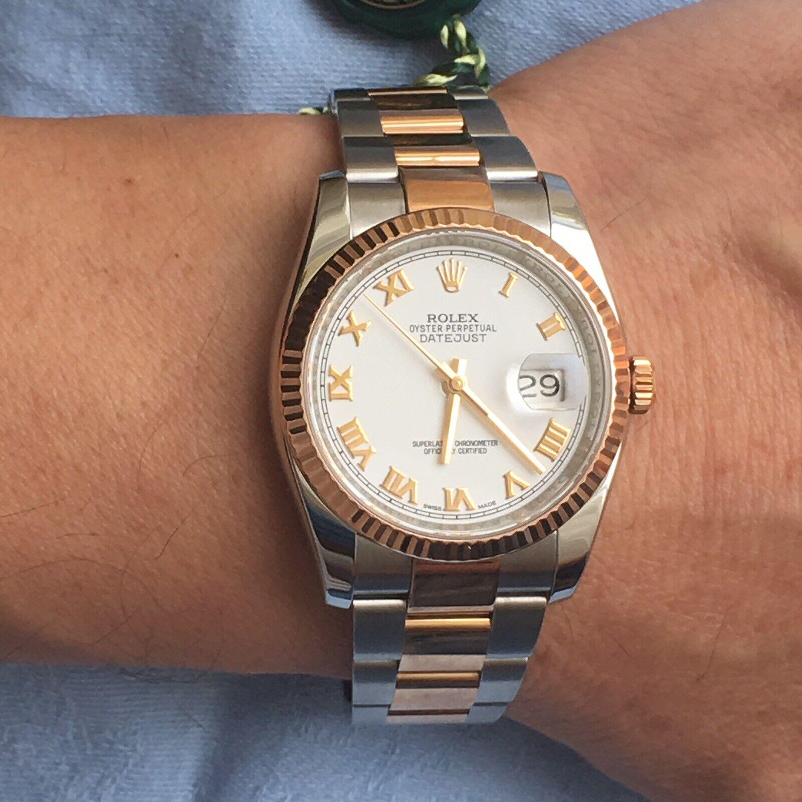 2015 Rolex Date-Just Rose Gold & Steel 

Serial Number 08AZ5581 
Model Number 116231
Code 72601
Dial White Roman Numerals
Bracelet 13 graduated links (12 complete + 1/2 link) all original and mint, 18 Karat Rose Gold and Stainless Steel  
Year Built