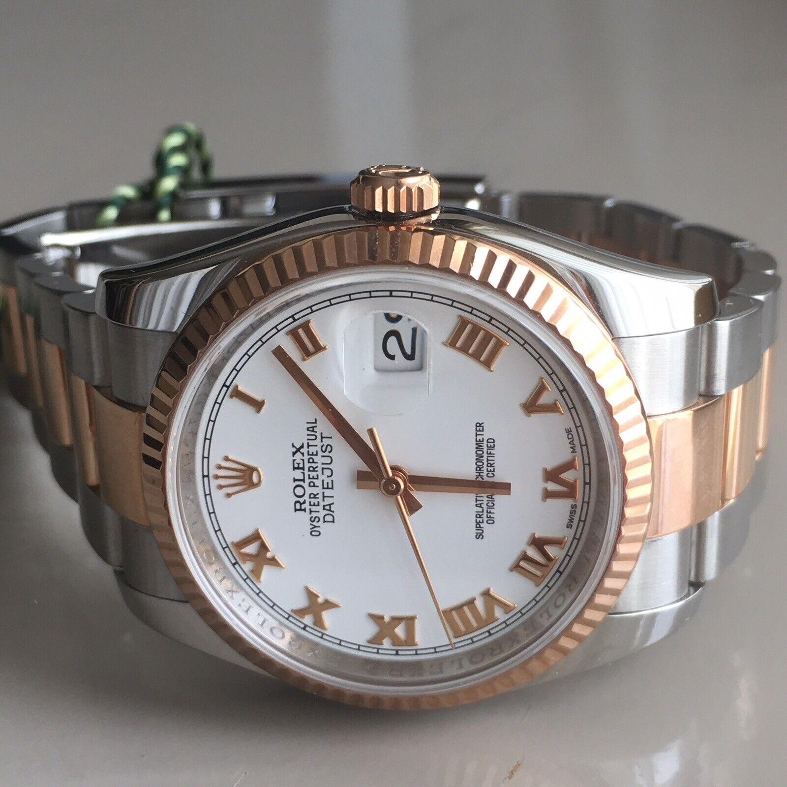 2015 Rolex Date-Just Rose Gold & Steel 116231 Watch White Roman Box & Papers For Sale 3