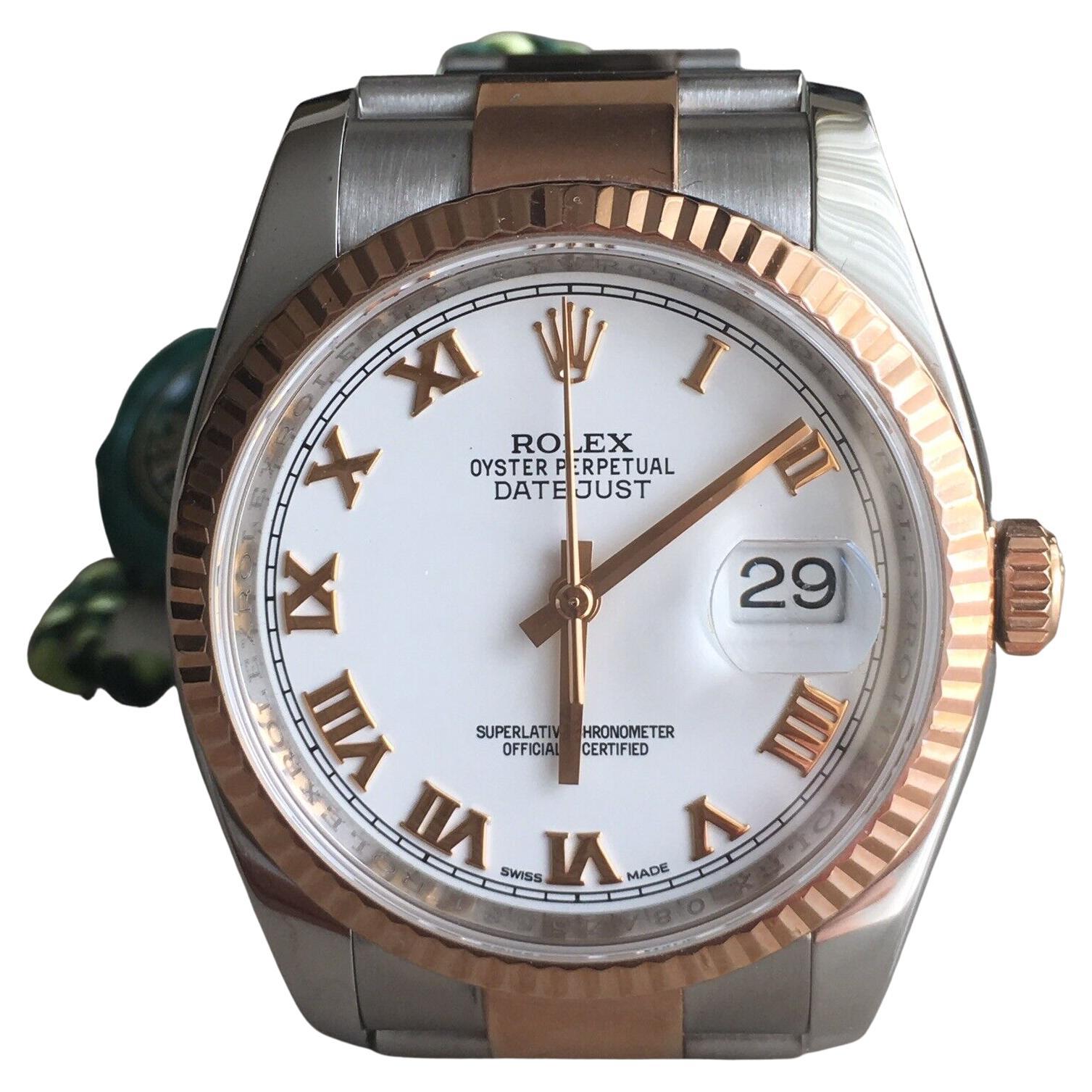 2015 Rolex Date-Just Rose Gold & Steel 116231 Watch White Roman Box & Papers For Sale