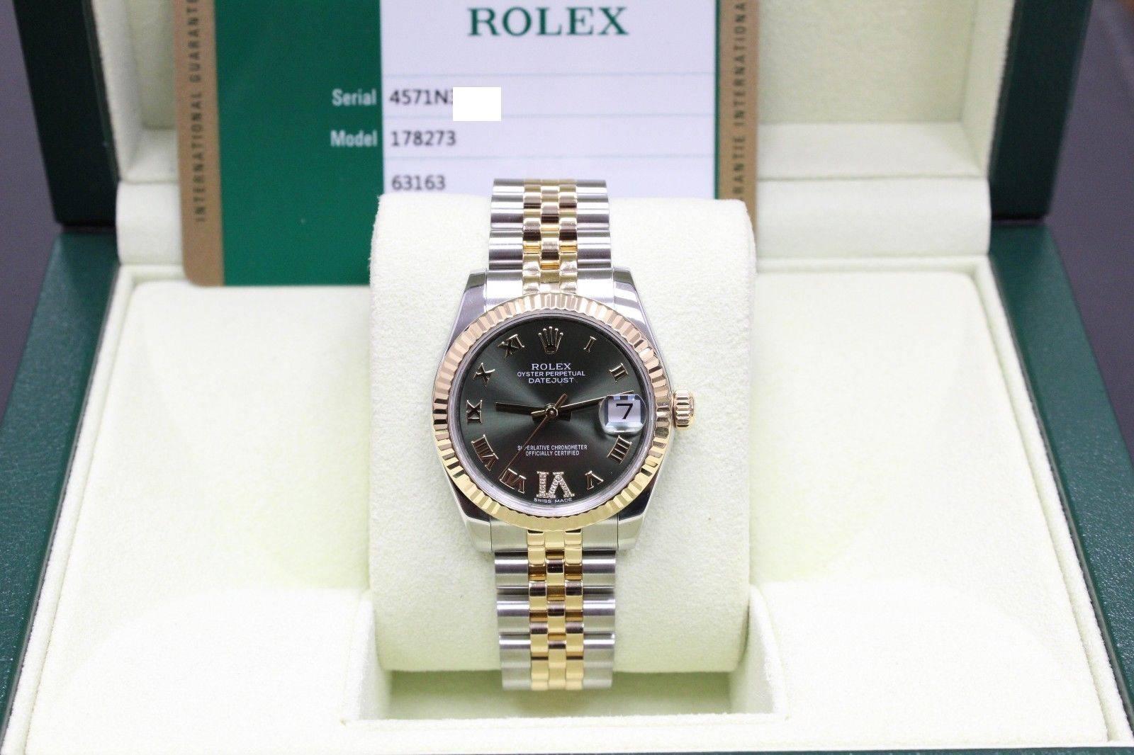 Style Number: 178273
Serial: 4571N***
Year: 2015
Model: Datejust
Case Material: 31mm
Band: 18K Yellow Gold & Stainless Steel 
Bezel: 18K Yellow Gold
Dial: Olive Green Roman Numeral VI Diamond Hour Marker 
Face: Sapphire Crystal 
Case Size: