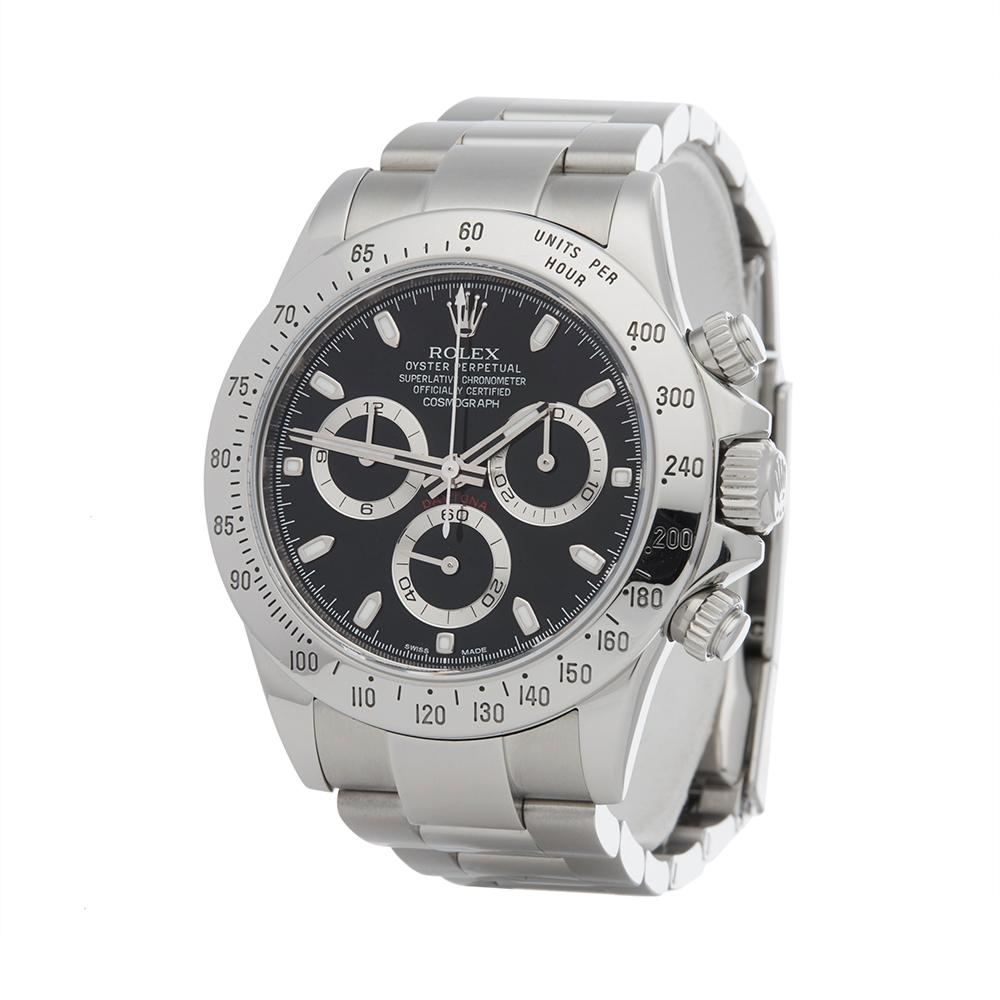Contemporary 2015 Rolex Daytona Stainless Steel 116520 Wristwatch
 *
 *Complete with: Box & Guarantee dated 1st October 2015
 *Case Size: 40mm
 *Strap: Stainless Steel Oyster
 *Age: 2015
 *Strap length: Adjustable up to 18cm. Please note we can