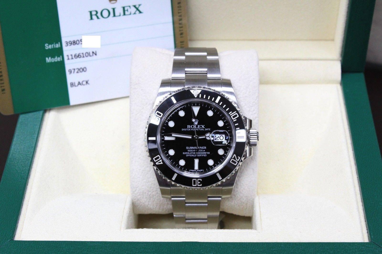 Style Number: 116610
Serial: 39805***
Year: 2015
Model: Submariner
Case: Stainless Steel 
Band: Stainless Steel 
Bezel: Black Ceramic 
Dial: Black
Face: Sapphire Crystal 
Case Size: 40mm
Includes: 
-Rolex Box & Papers 
-Certified Appraisal 
-5 Year