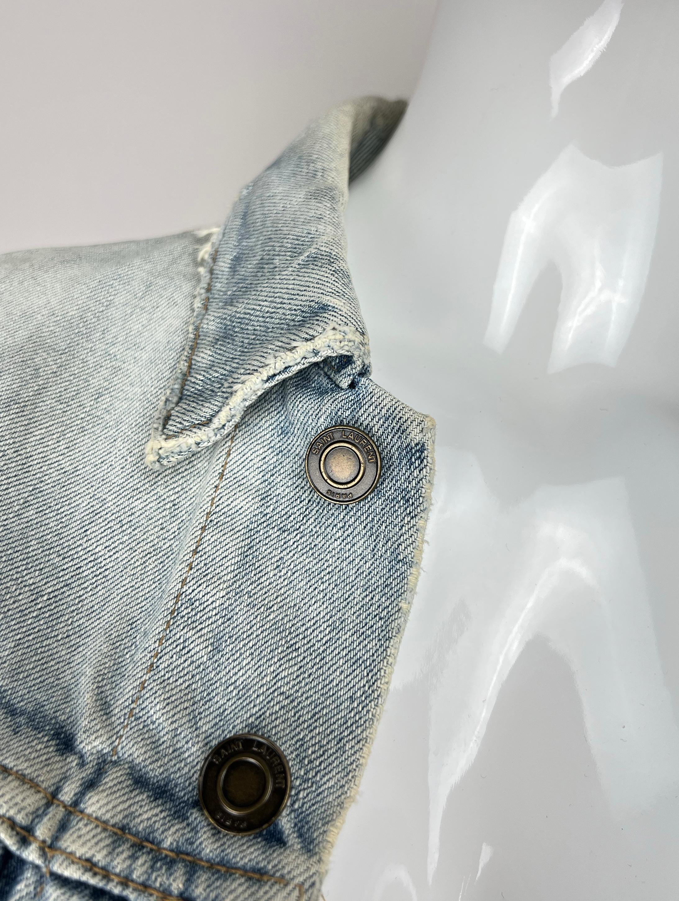 2015 Saint Laurent Paris  ×  Hedi Slimane DISTRESSED Blue DENIM JACKET For Sale 12