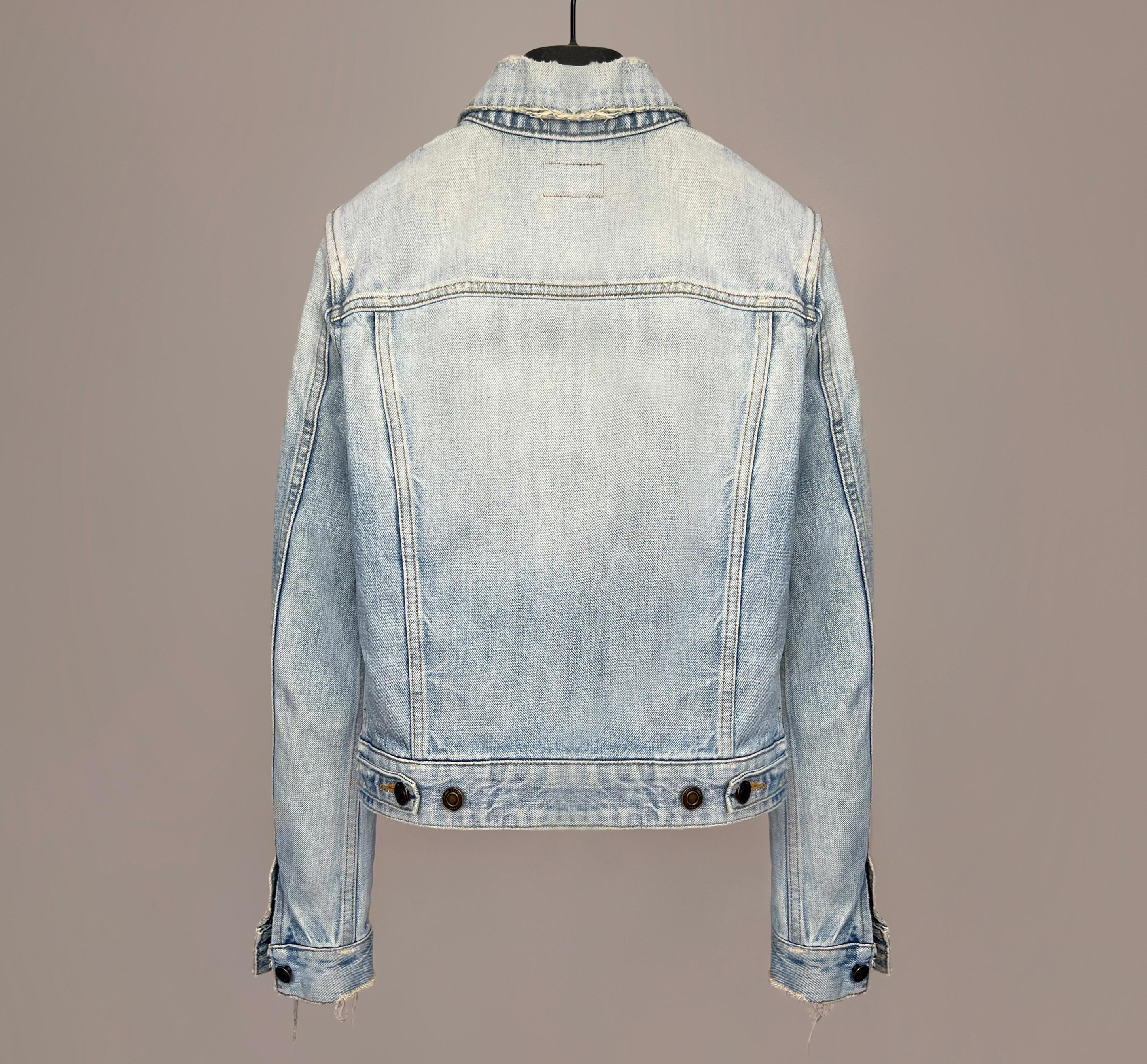 Gray 2015 Saint Laurent Paris  ×  Hedi Slimane DISTRESSED Blue DENIM JACKET For Sale