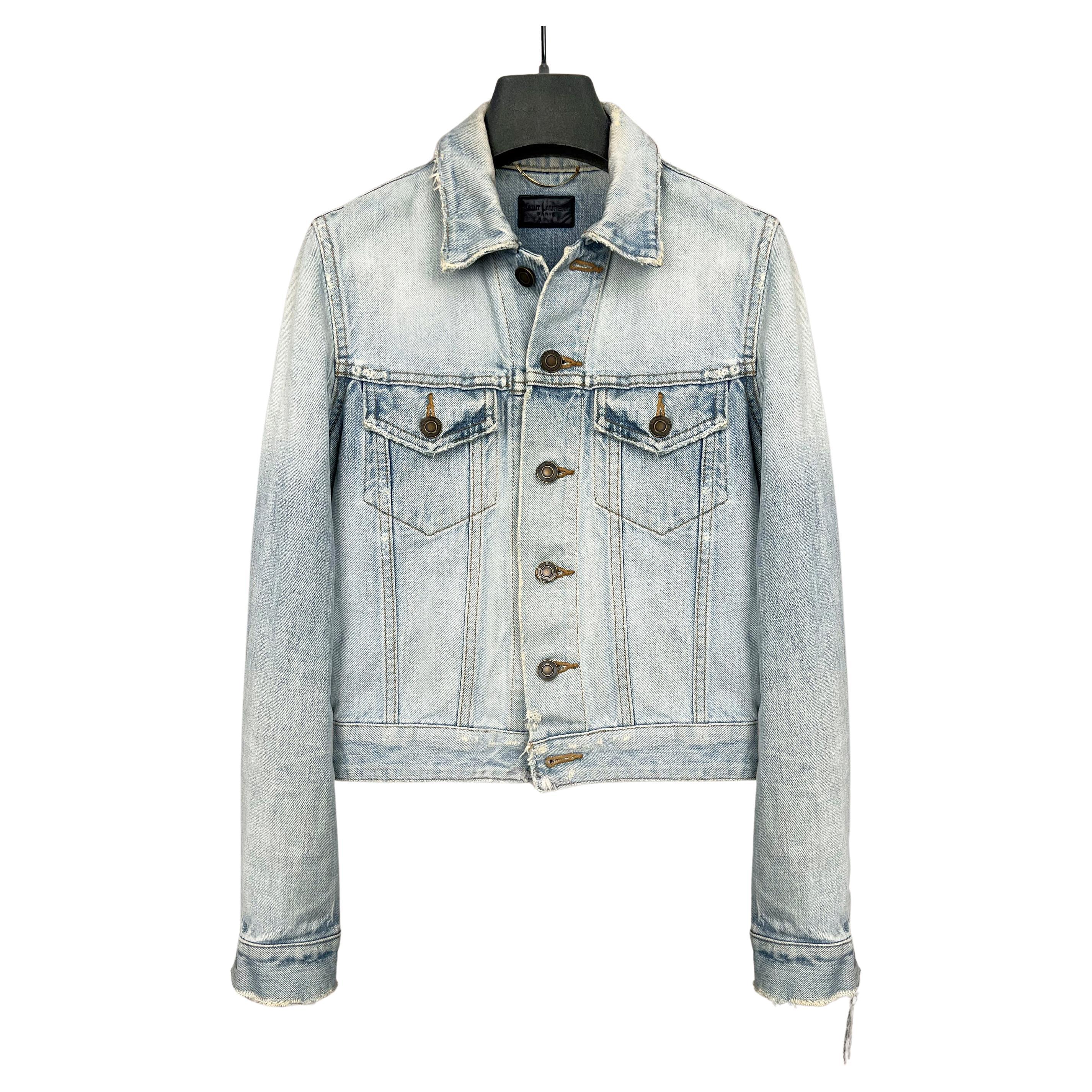 2015 Saint Laurent Paris  ×  Hedi Slimane DISTRESSED Blue DENIM JACKET For Sale