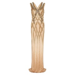 2015 Versace Documentado Vestido de Seda con Cuentas Doradas y Alta Abertura